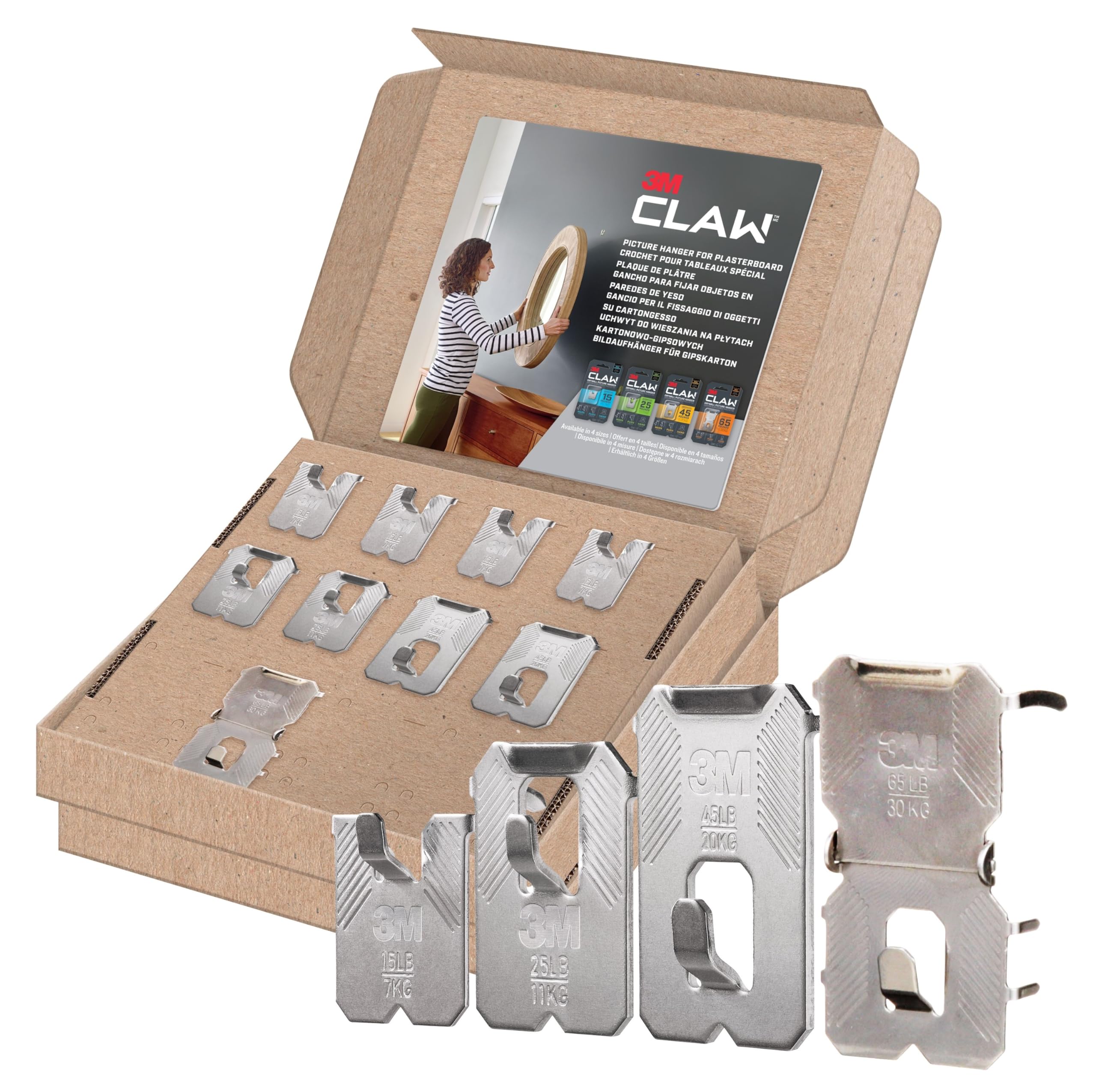 3M CLAW Plasterboard Picture Hanger Assorted Pack - 9 Heavy Duty Hooks