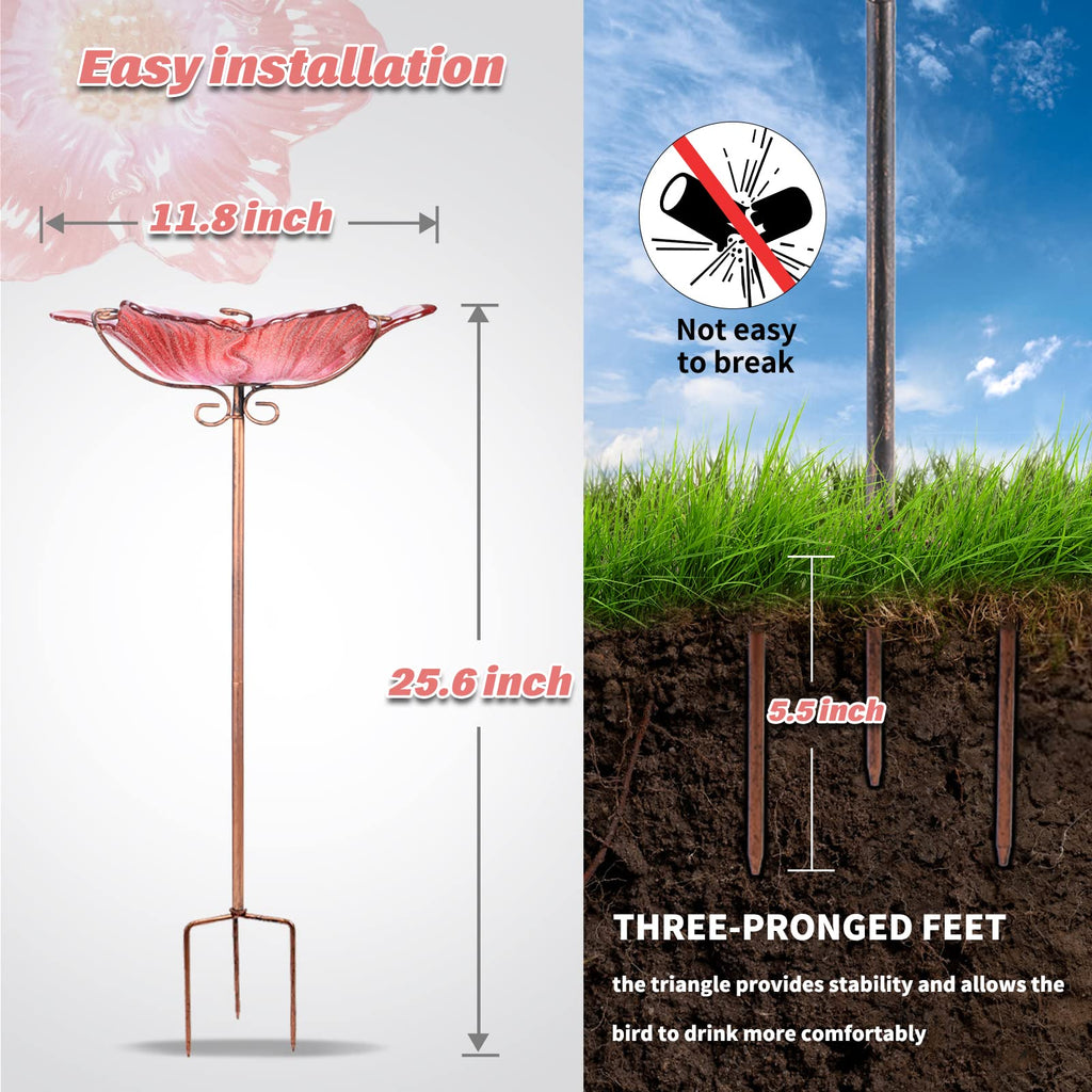 MUMTOP Glass Bird Bath and Feeder – Flower Pattern with Metal Stake, Red