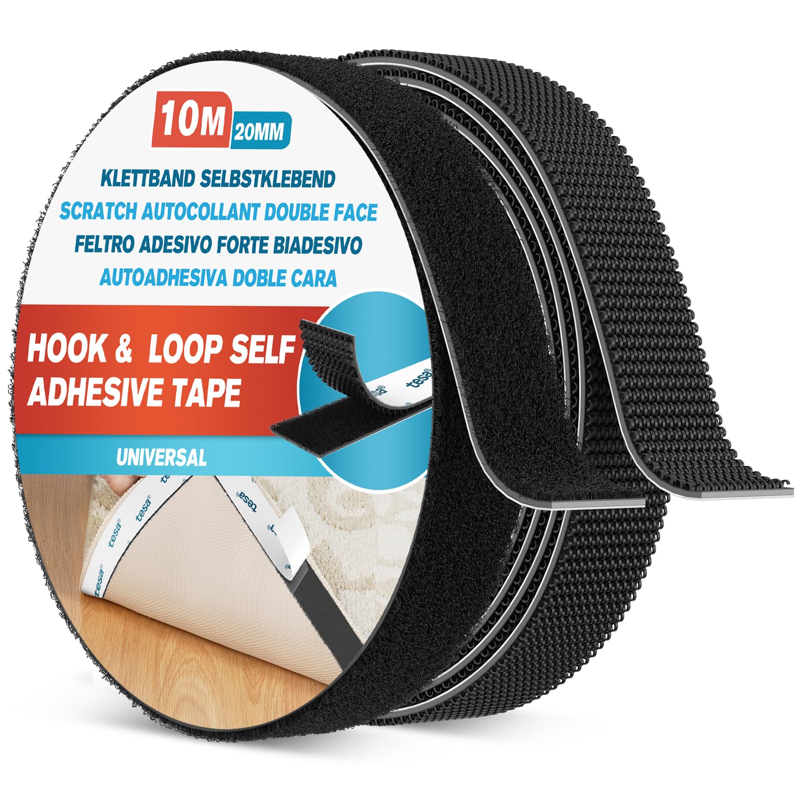 Emitever Heavy Duty Hook and Loop Tape - Self Adhesive Black (20mm x 10m)