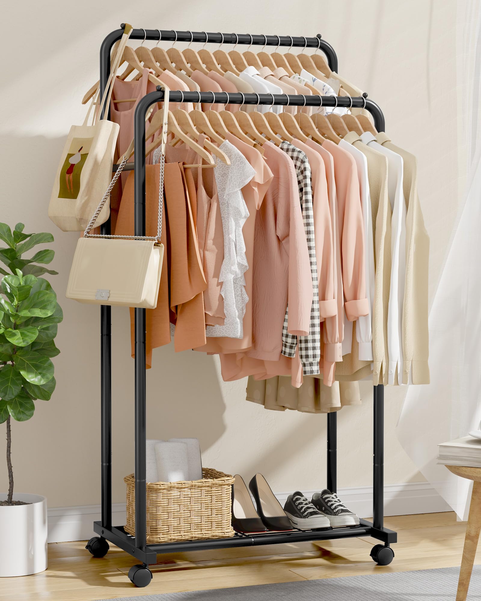 Sakugi Heavy-Duty Metal Clothes Rail – Rolling Garment Rack with Shelf