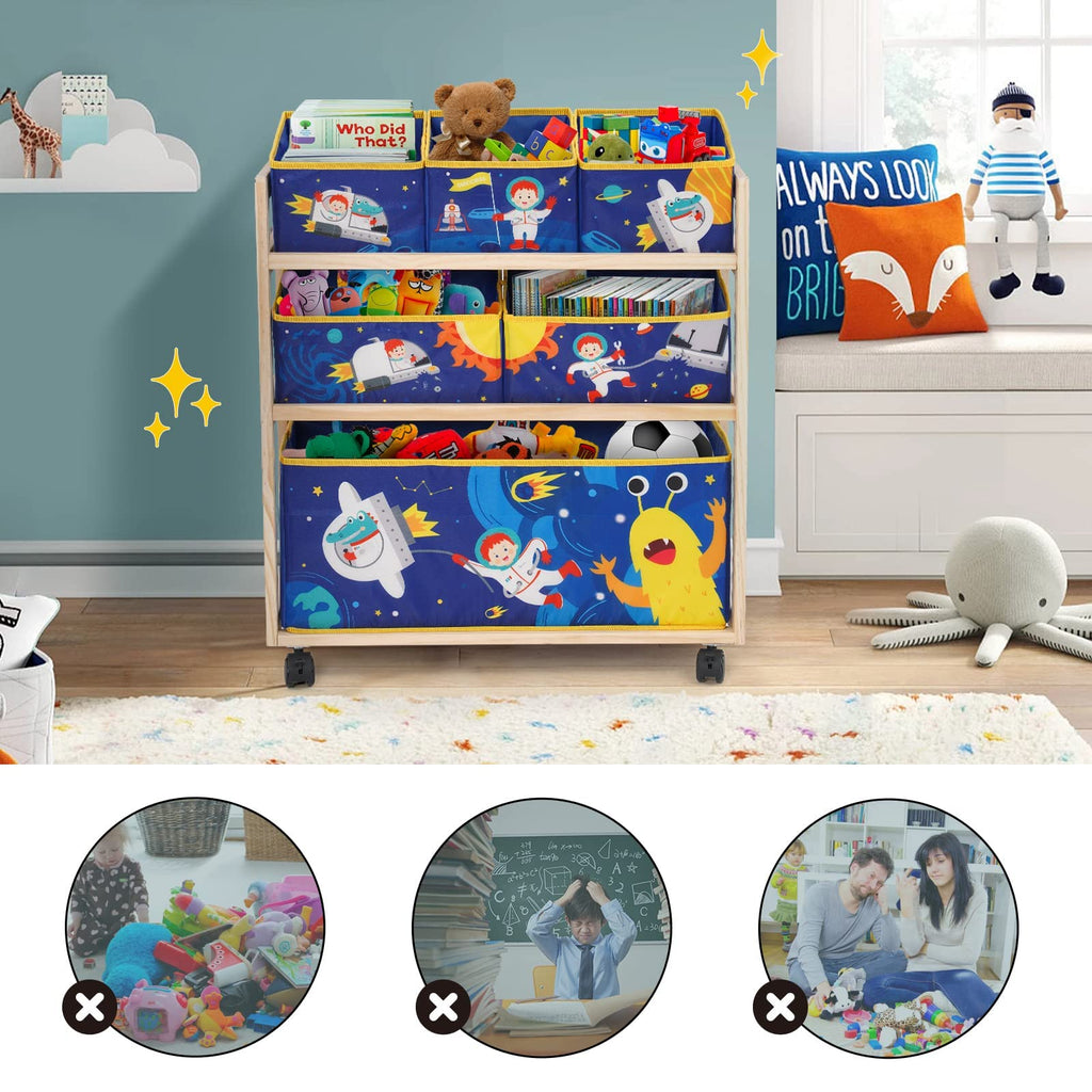 NUKied 3-Tier Wooden Kids Toy Storage Organizer with Wheels & 6 Bins