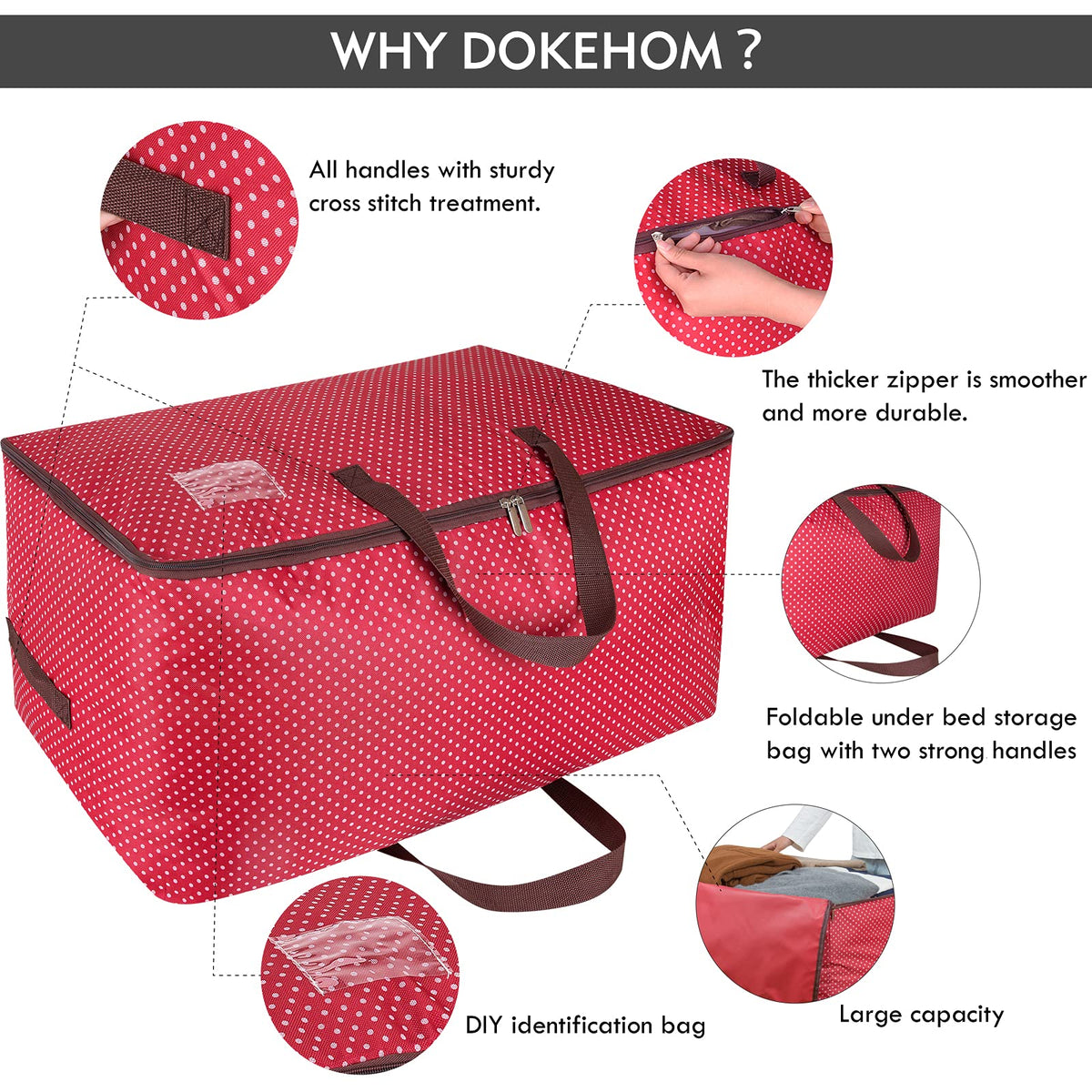 DOKEHOM 3-Pack 105L Large Storage Bag, Underbed Clothes Organizer, Red