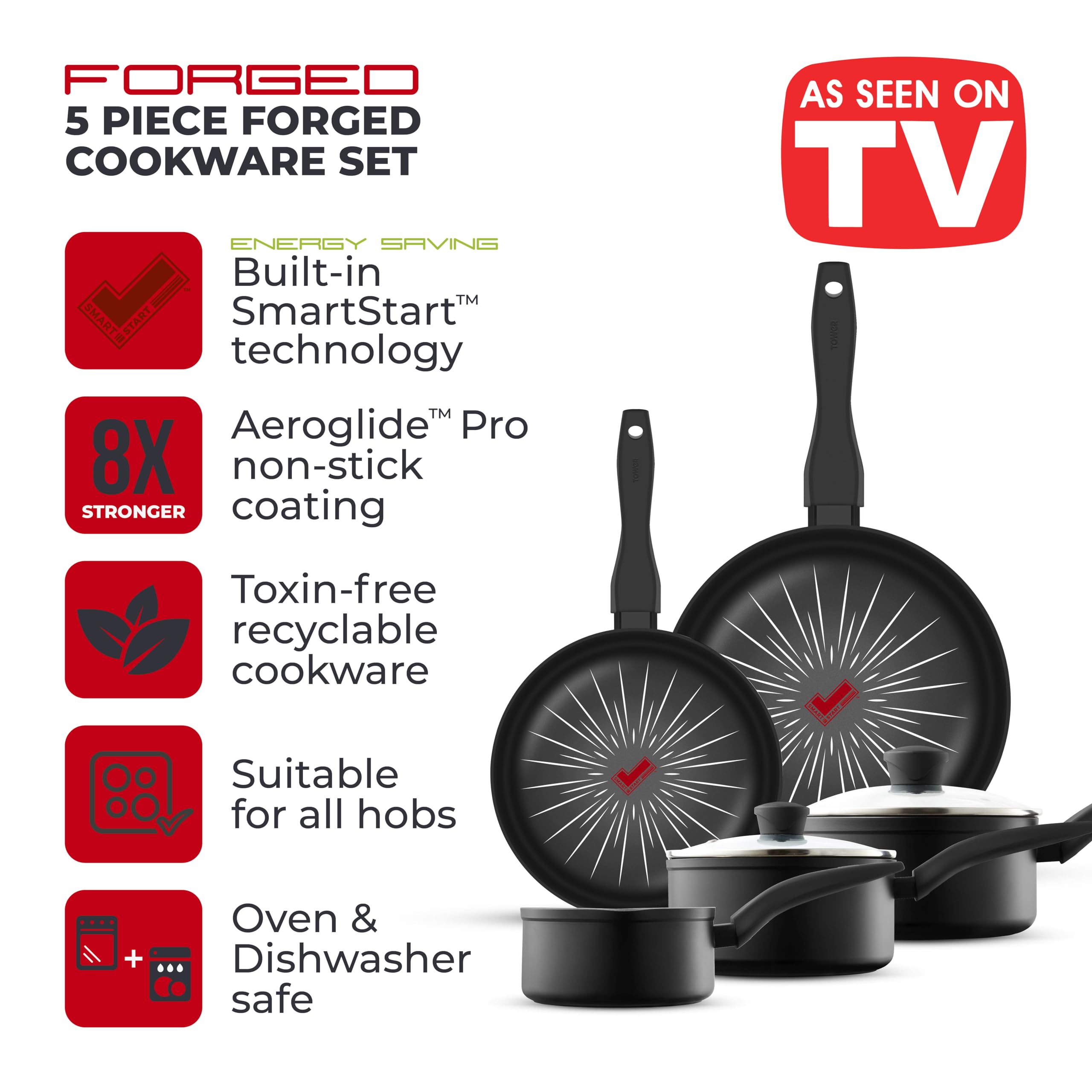 Tower SmartStart Forged 5 Piece Non-Stick Cookware Set - Black