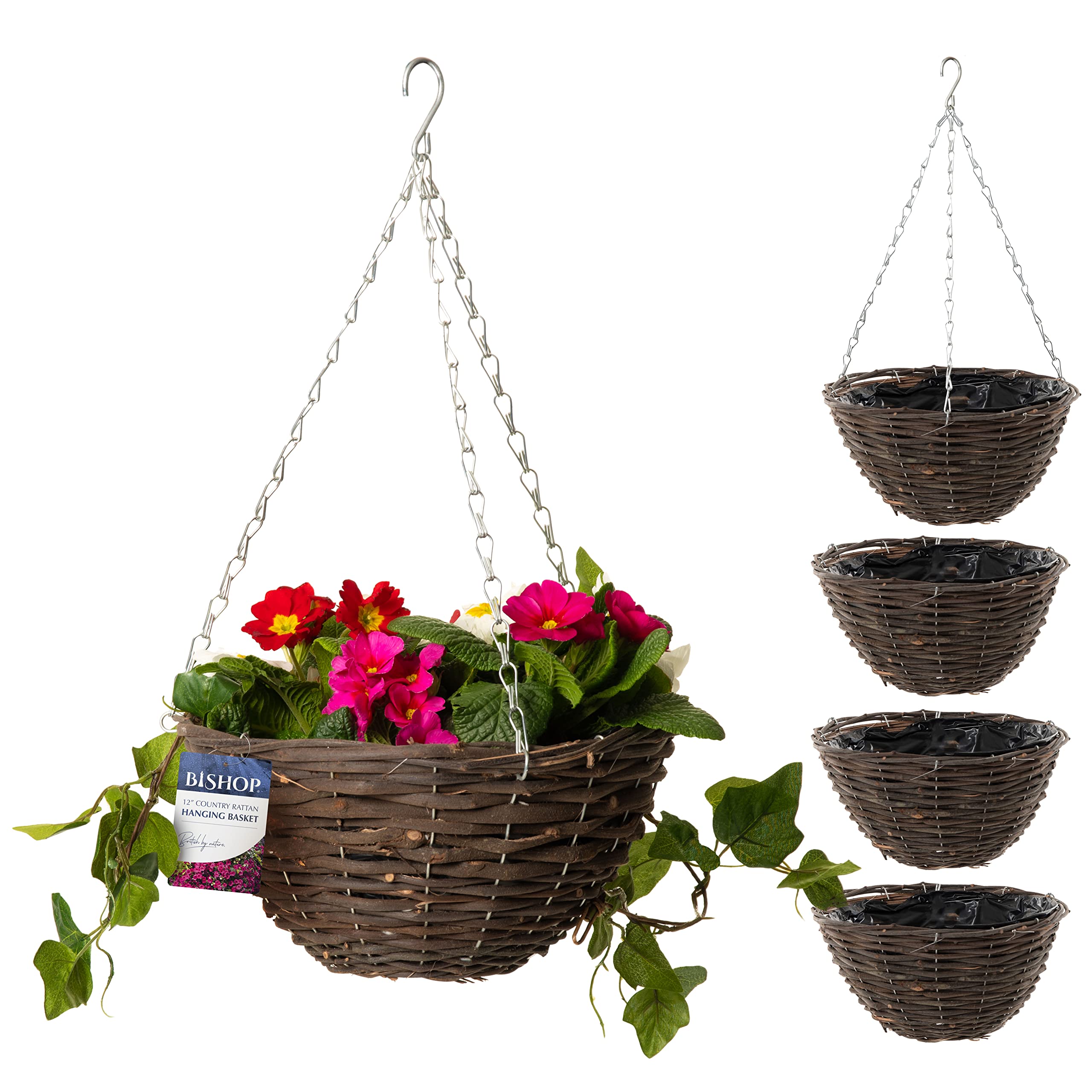 12 Inch Rattan Hanging Basket – Dark Wicker Outdoor Planter