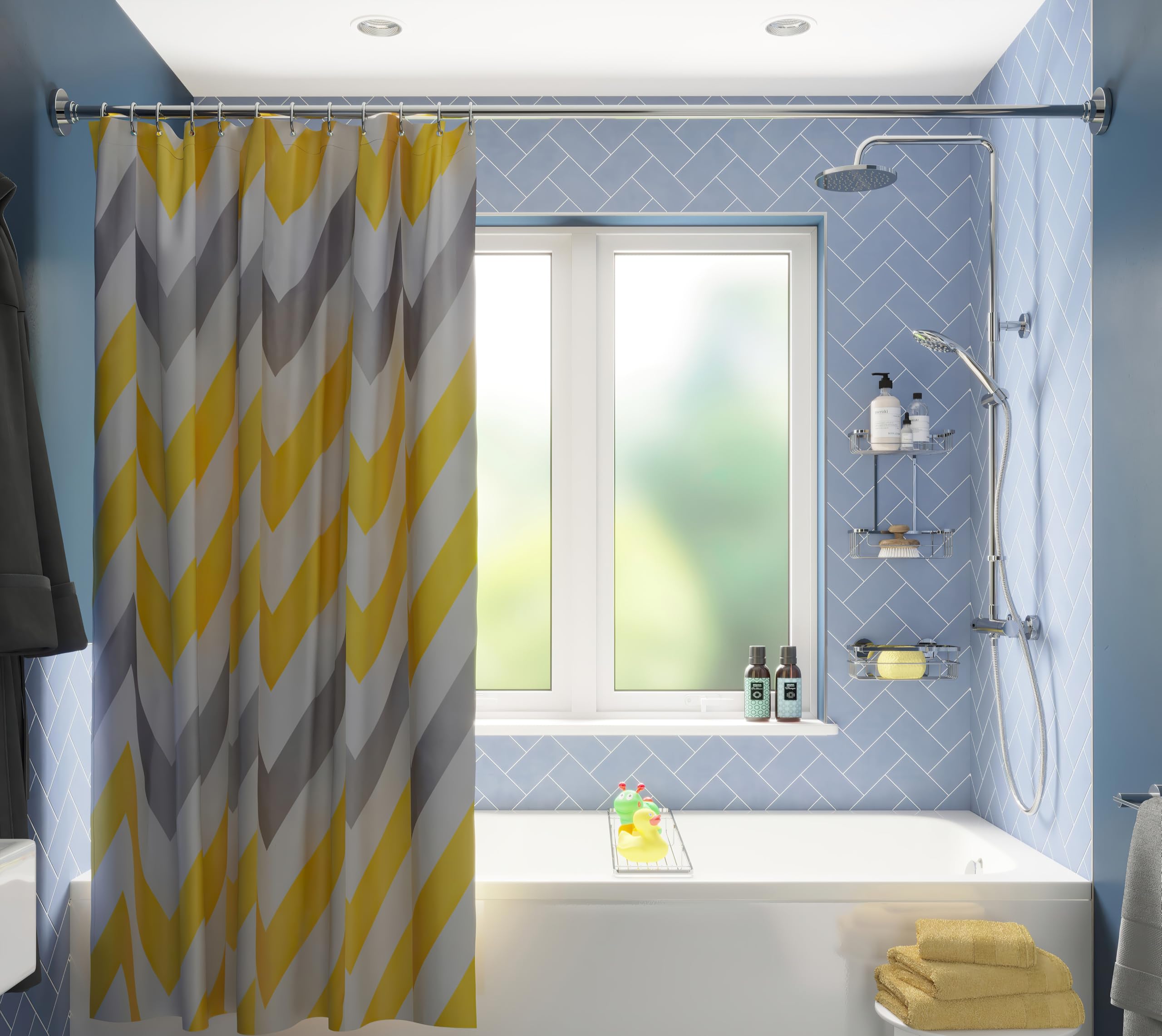 Croydex Chevron Textile Shower Curtain – Anti-Microbial Yellow & Grey