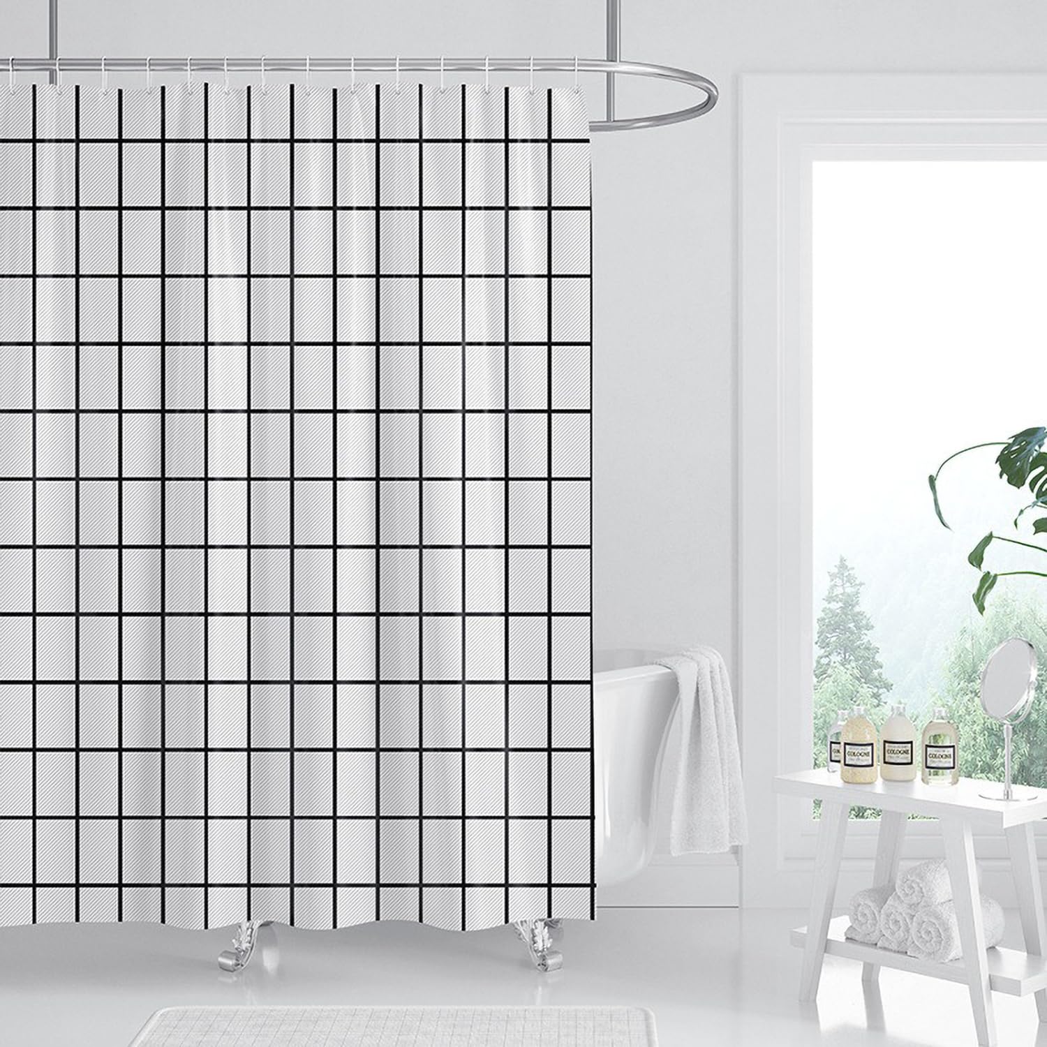 FSZhenZuan White Grid Shower Curtain | 200x200cm Water Repellent Polyester