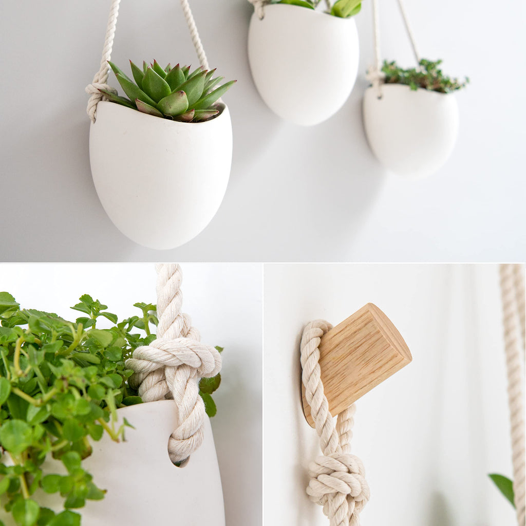 Kazai Porcelain Wall Vases - 3 Piece Set with Wooden Hooks - Matte White