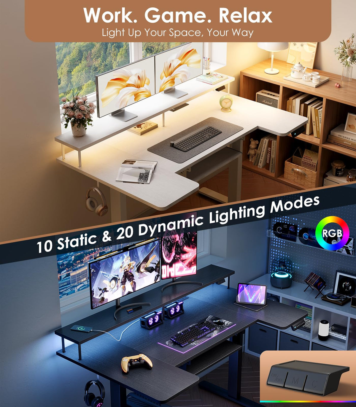 OffiGo Standing Desk, 120cm U Shaped Desk with LED Lights & Power Outlets - image 4
