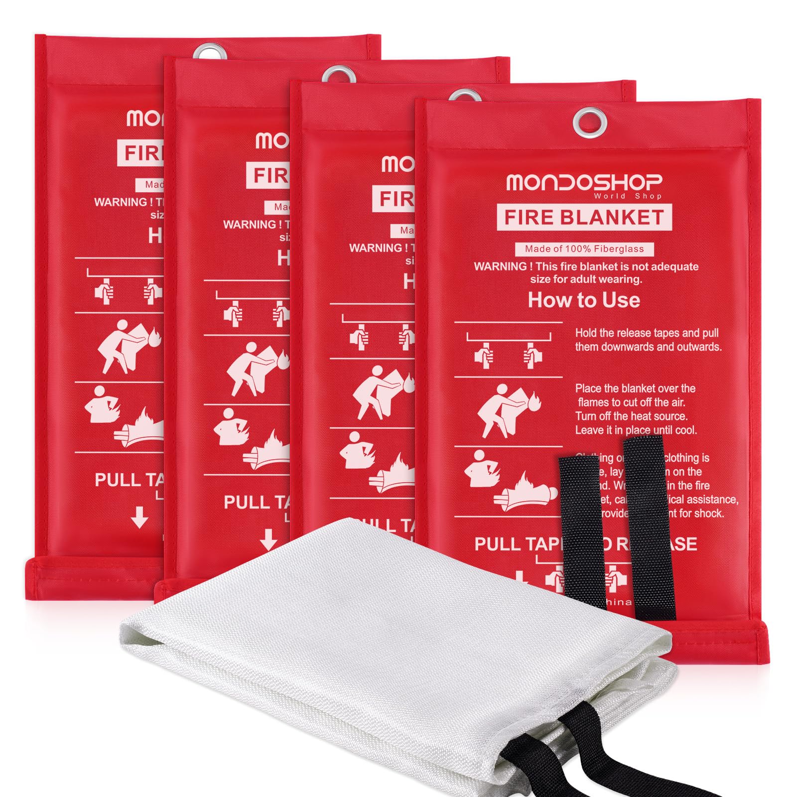 Mondoshop Fire Blanket for Home & Kitchen - TUV Certified 4-Pack