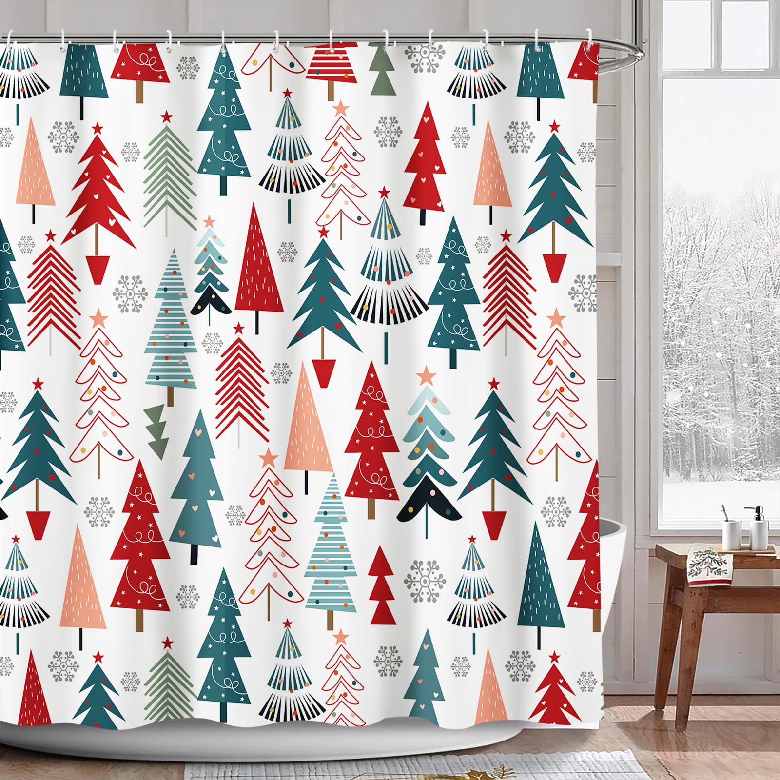 AIBIIN Christmas Shower Curtain – Waterproof Fabric Xmas Tree & Snowflake