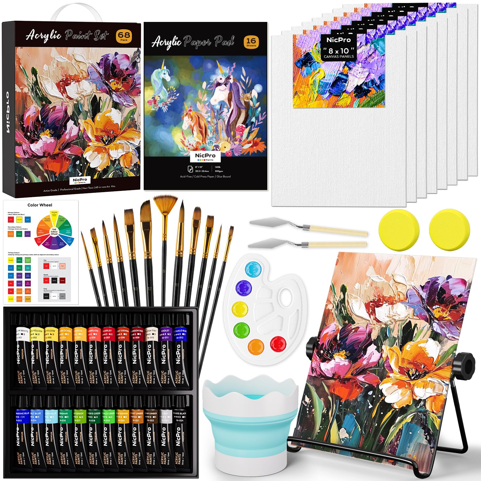Nicpro 68PCS Acrylic Paint Canvas Set | Art Supplies Kit with Table Easel