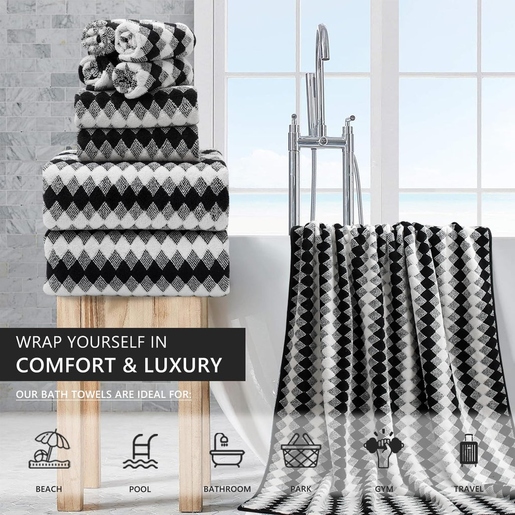8 Piece Bathroom Towel Set Black White|2 Oversized Large Bath Towels Sheet,2 Hand Towels,4 Washcloths| 600GSM Soft Towel Set for Bathroom - image 2