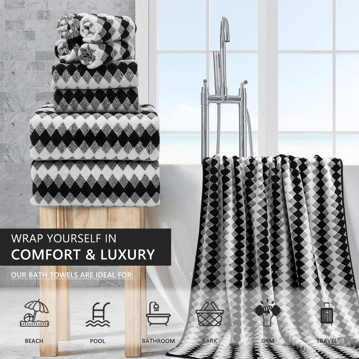 8 Piece Bathroom Towel Set Black White|2 Oversized Large Bath Towels Sheet,2 Hand Towels,4 Washcloths| 600GSM Soft Towel Set for Bathroom - image 2