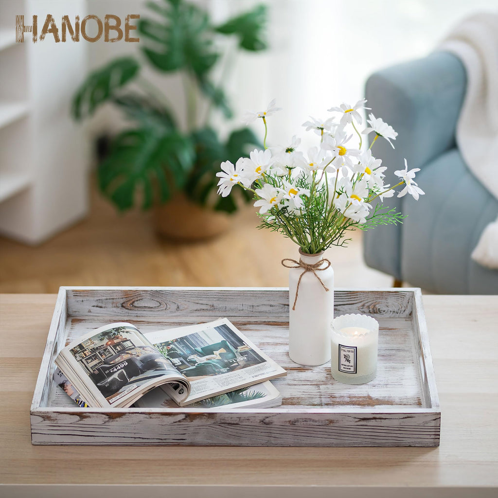 Hanobe Extra Large Wood Ottoman Tray | Rustic White Serving Tray with Handles