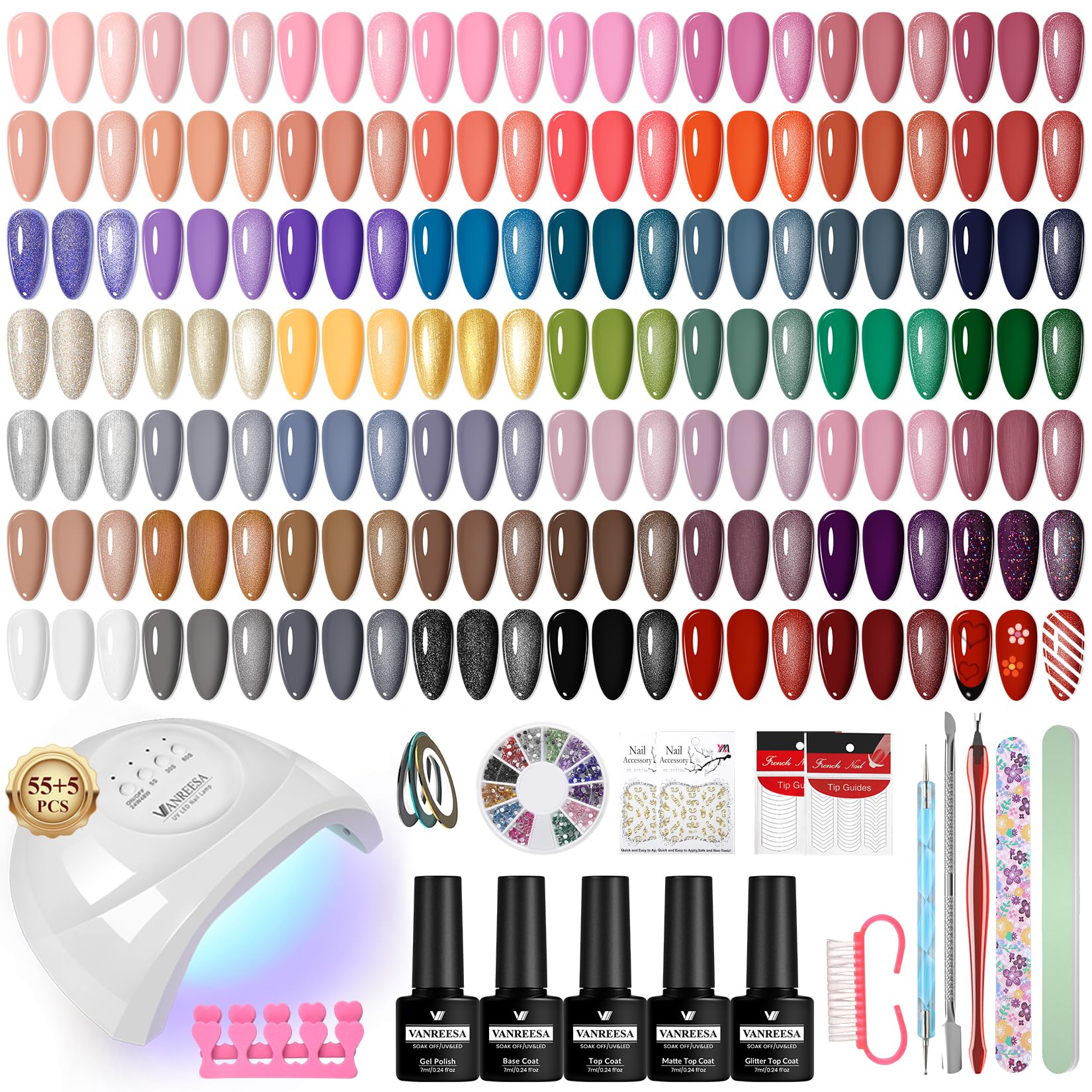 VANREESA 73 PCS Gel Nail Polish Kit with 48W UV Lamp - 55 Colors Set