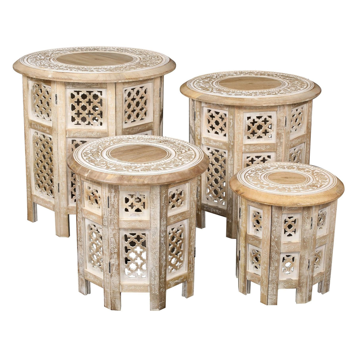 topfurnishing Beautiful Round Hand Carved Indian Shesham Wooden Coffee Table Side Table Beige Small 12"x12"x12" 30.5 cm - image 5