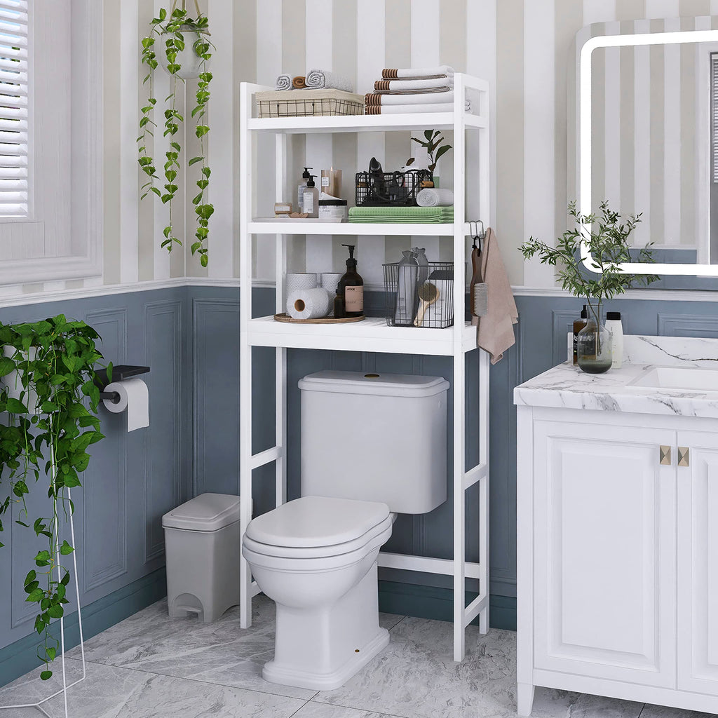 SMIBUY Over-The-Toilet Storage Rack – 3-Tier Adjustable Bamboo Shelf, White