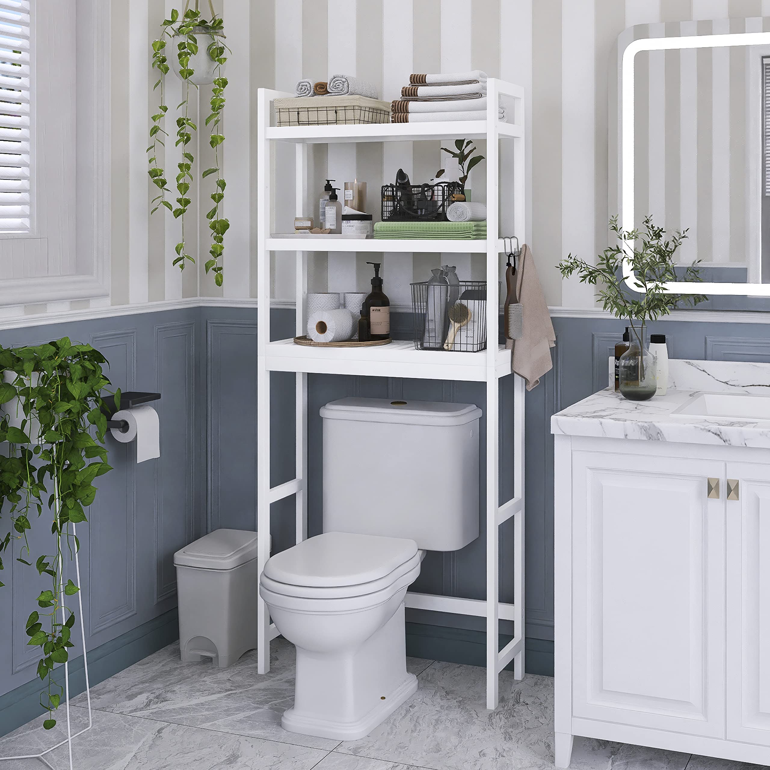 SMIBUY Over-The-Toilet Storage Rack – 3-Tier Adjustable Bamboo Shelf, White