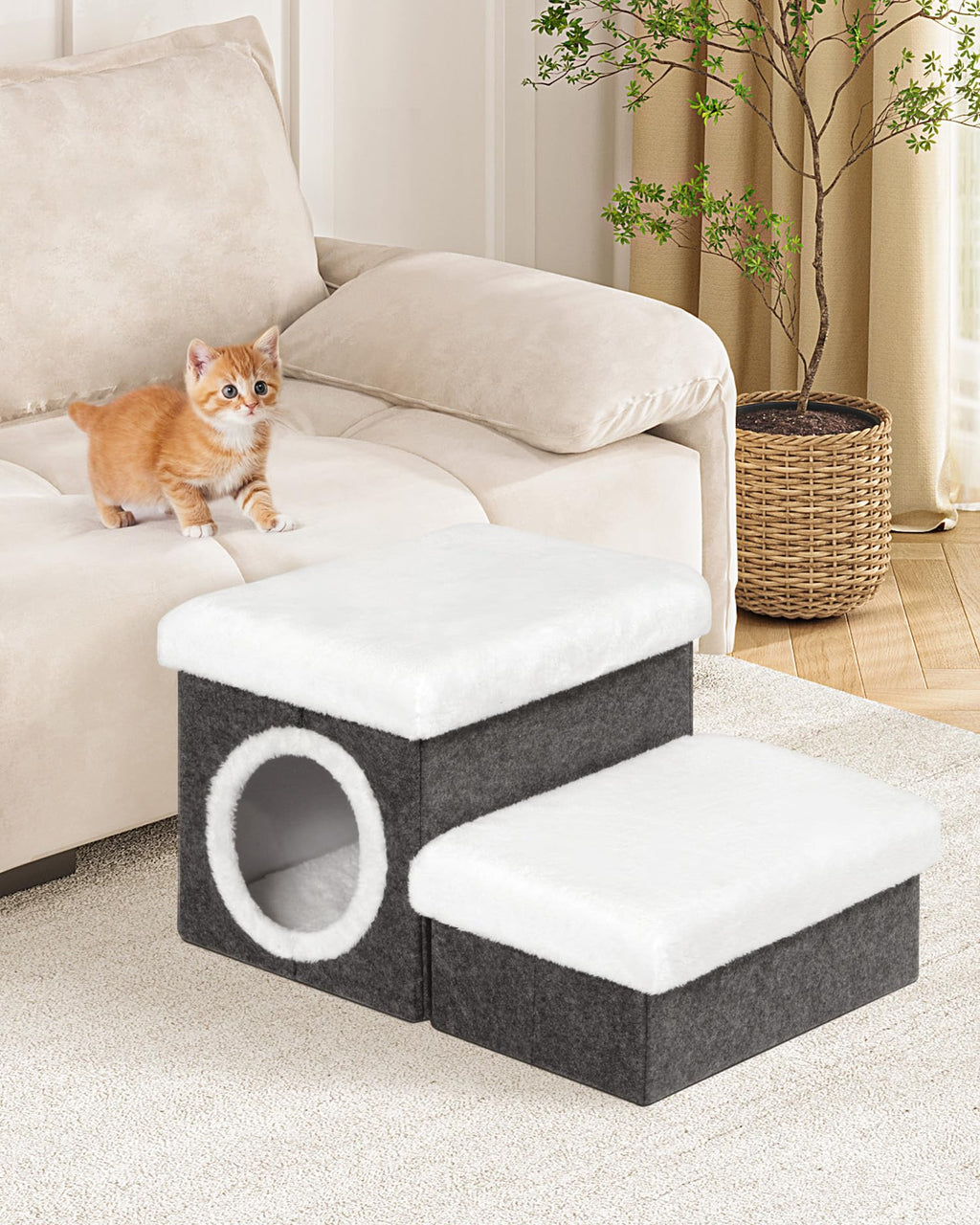 Bonlife 2-Tier Pet Stairs with Cat House & Storage – Foldable Dark Grey