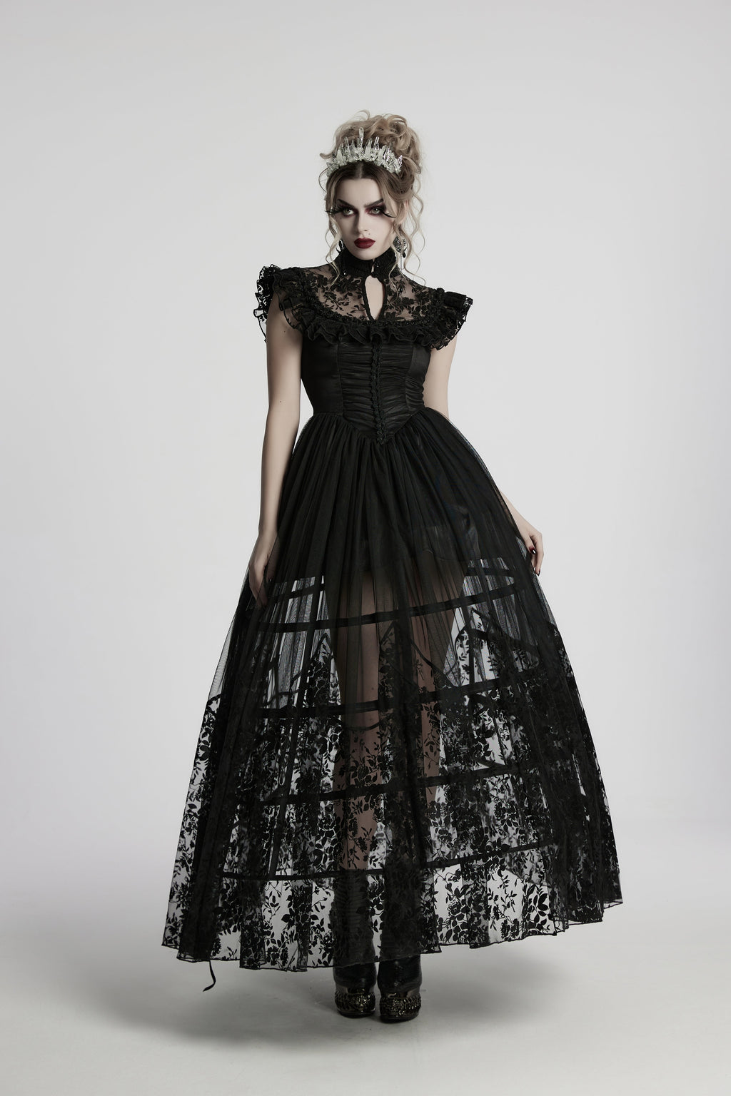 Punk Rave Seraphina Goth Dress – Velvet Floral Mesh Flying Sleeve