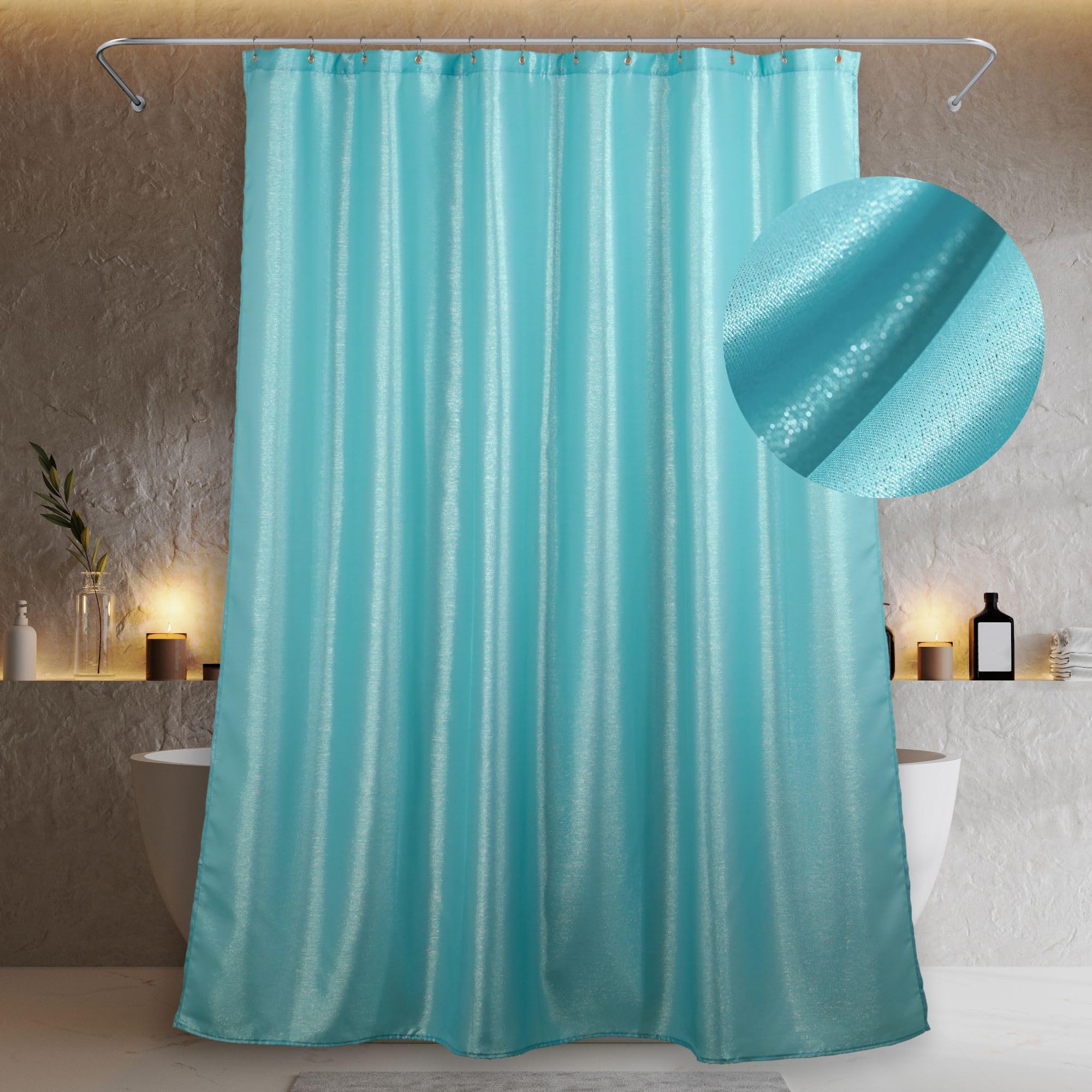 PopKozzi Aqua Blue Glitter Shower Curtain | Metallic Teal Fabric - 183x183cm