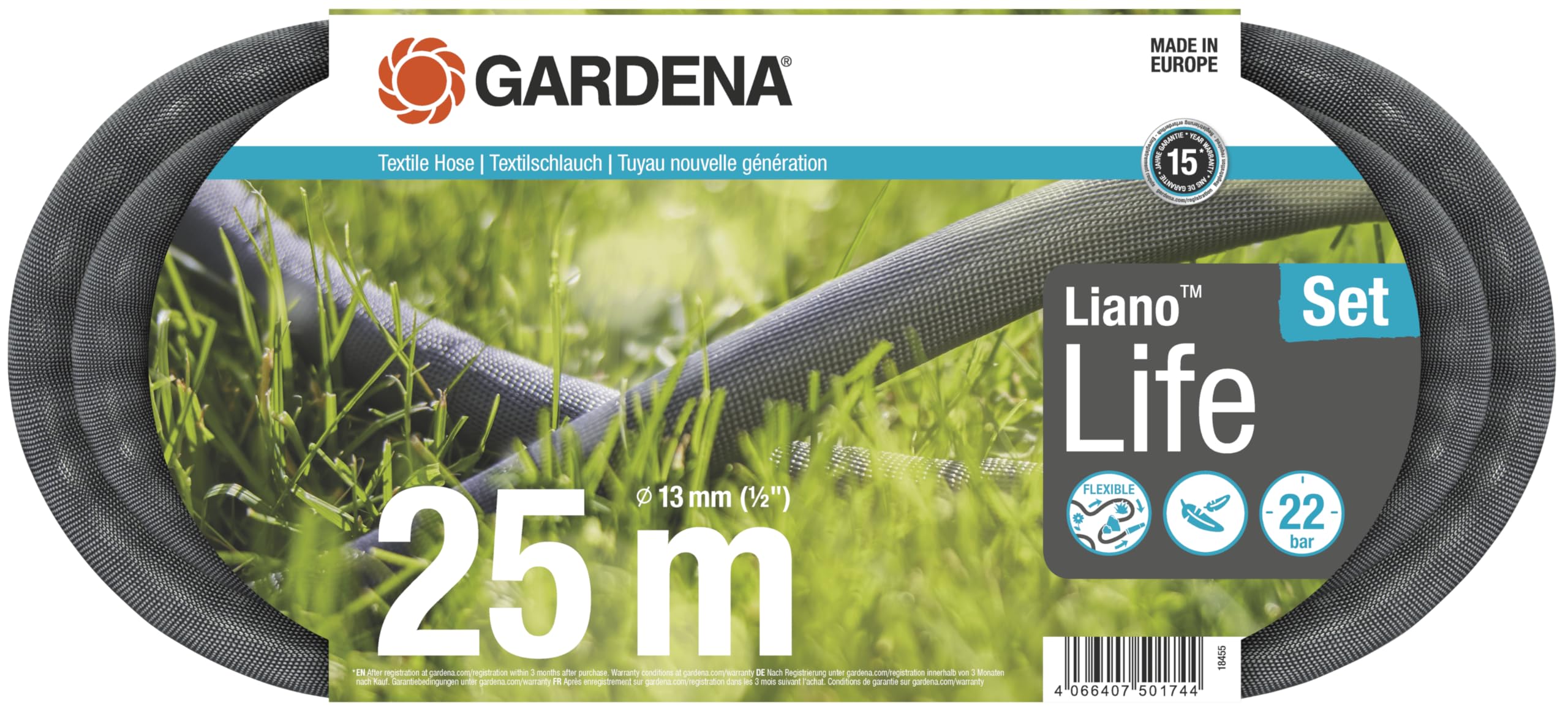Gardena Liano Life Textile Garden Hose | 25m, 1/2 Inch, Kink-Free