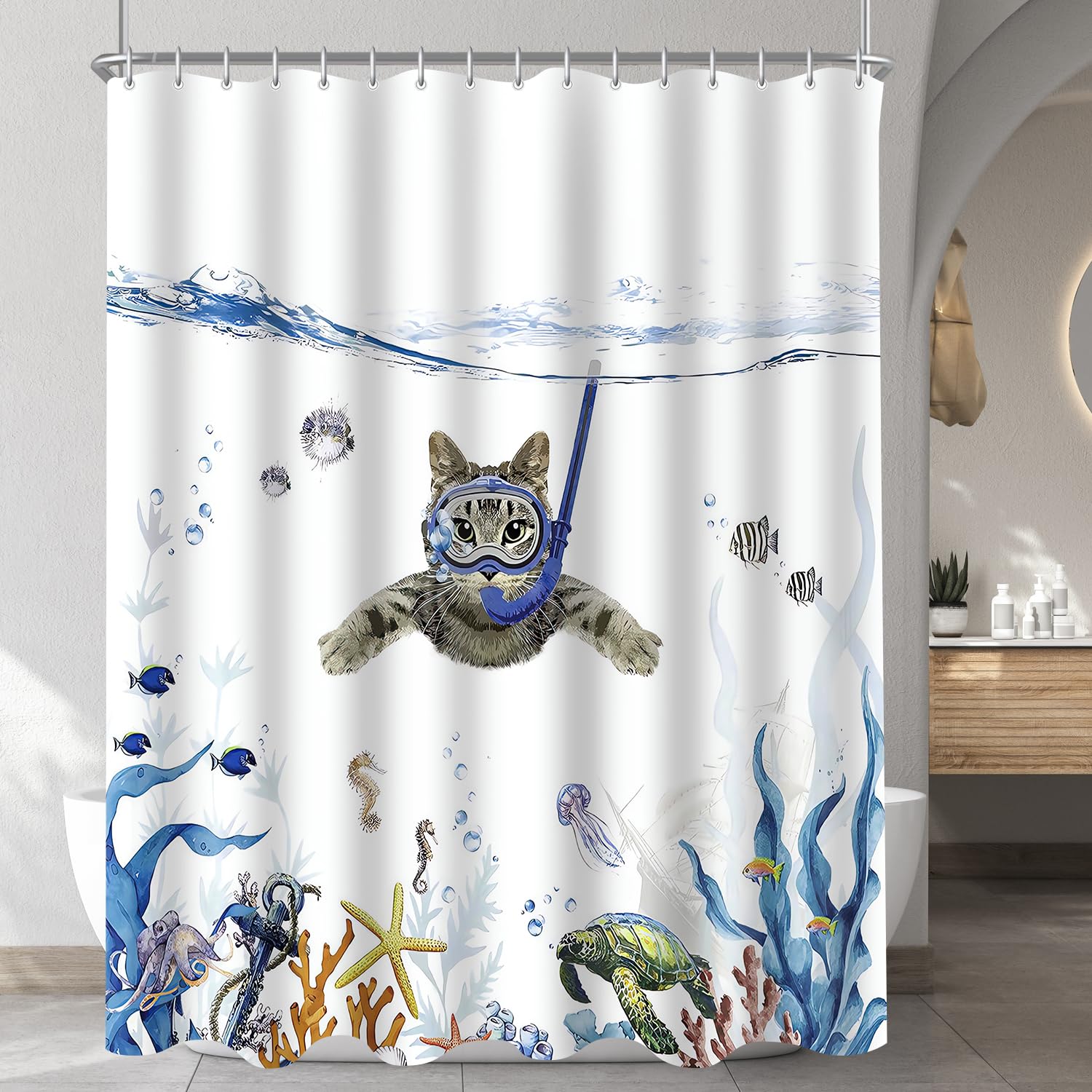 Lerores Cat Swimming Shower Curtain – Anti-Mould Polyester, 240 x 180 cm