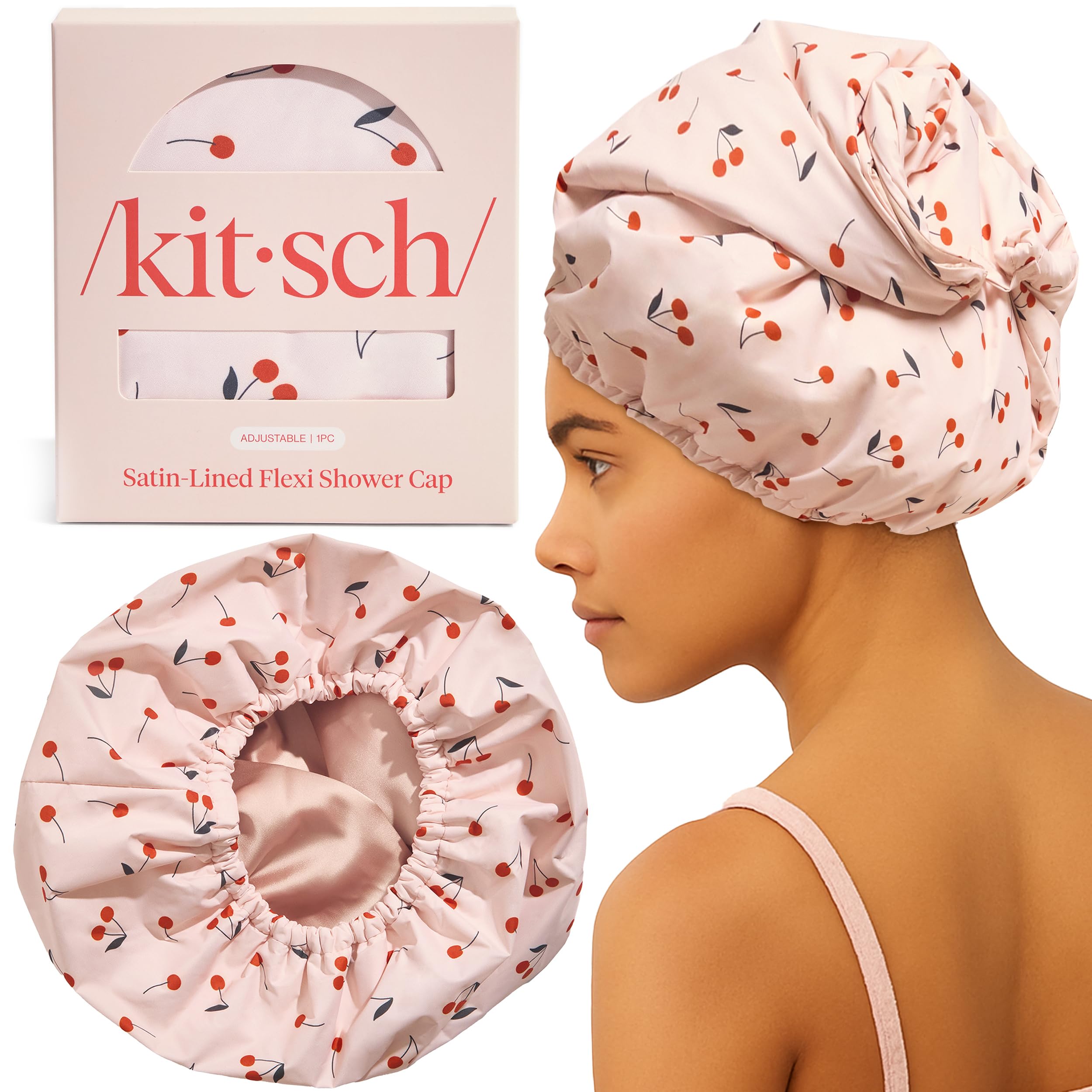 Kitsch Luxury Shower Cap – Reusable Waterproof Satin Lined Cherry Print