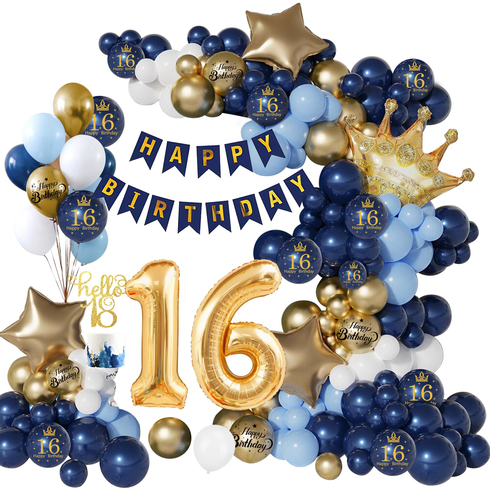 16th Birthday Decorations - Navy Blue Gold Balloon Arch Kit