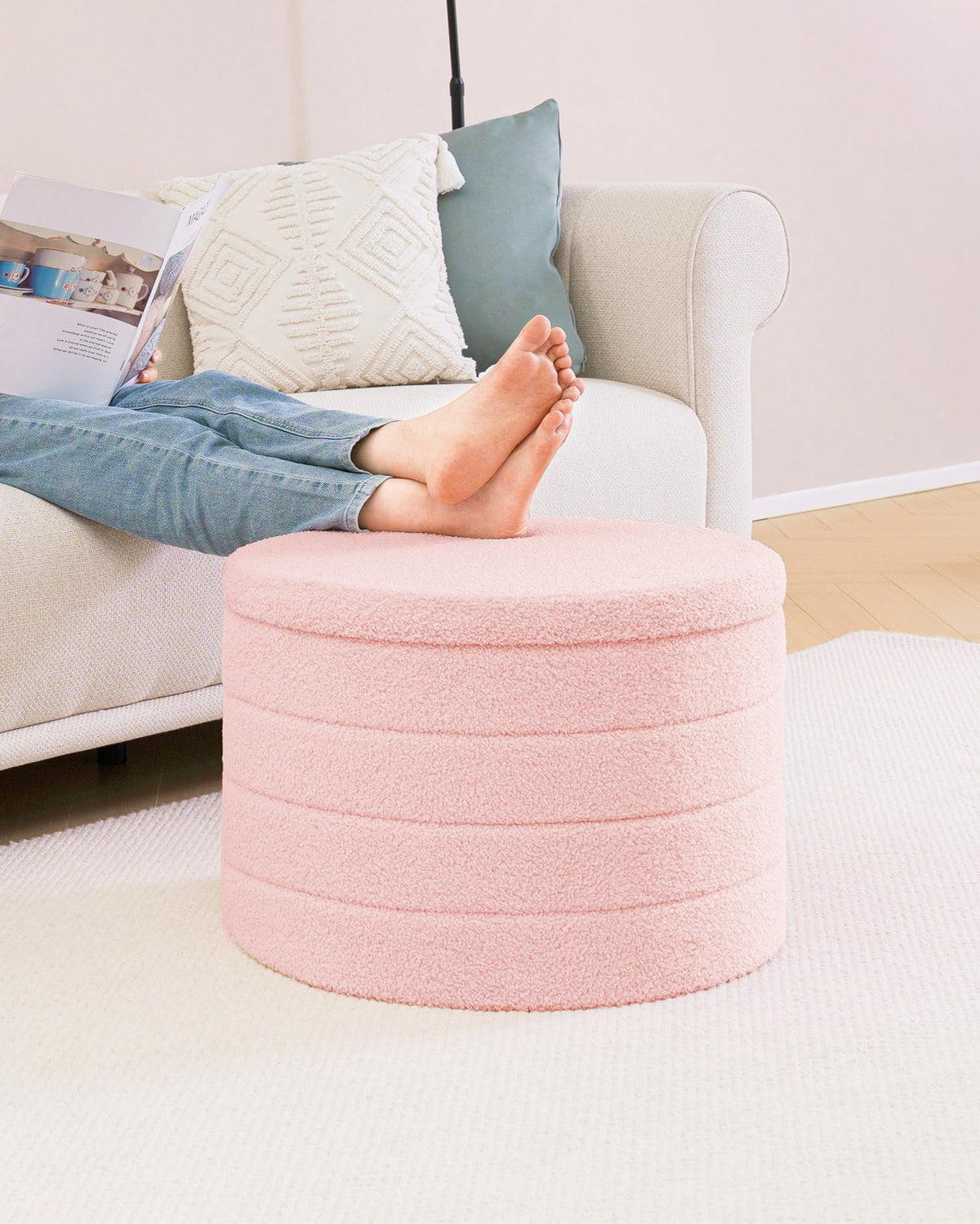 Bonlife Extra Large Folding Round Ottoman with Storage,Boucle Ottoman Stool, Footstool Seat Coffee Table,Toy Box Storage,Footrest Stool for Living - image 4