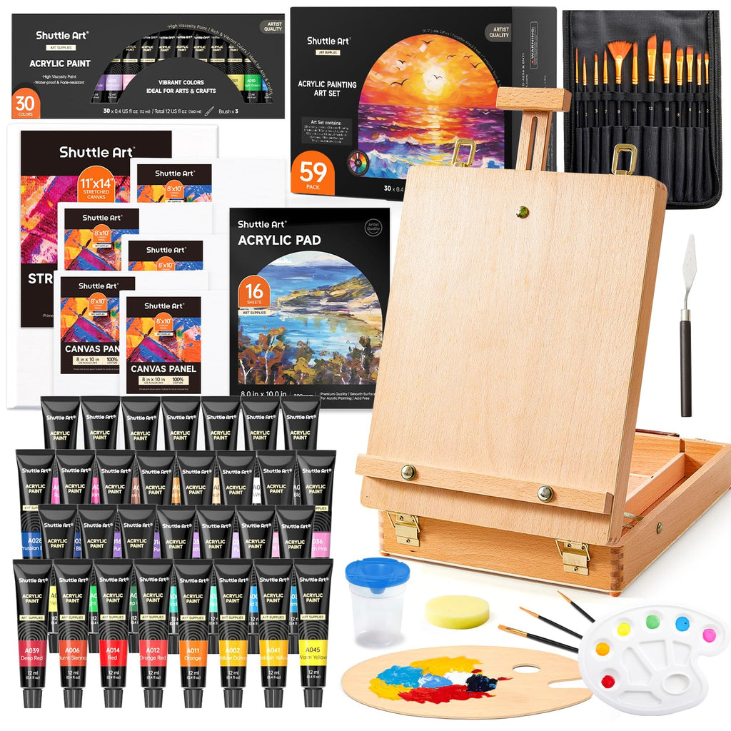 Shuttle Art 59 Pack Acrylic Painting Set with Tabletop Easel and Canvas