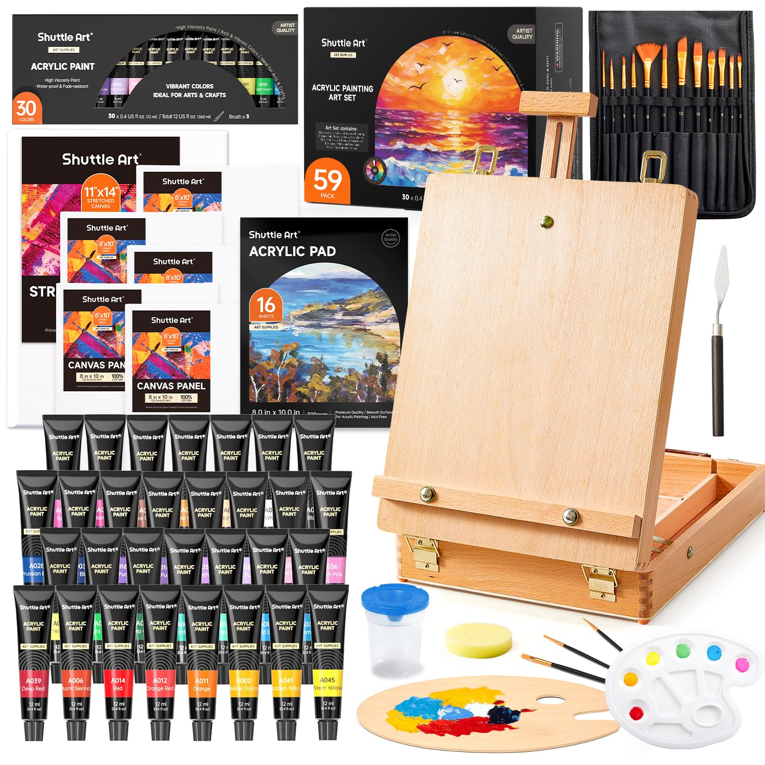 Shuttle Art 59 Pack Acrylic Painting Set with Tabletop Easel and Canvas