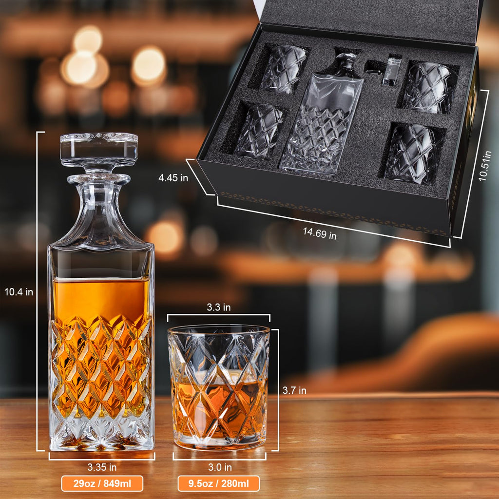 Lighten Life Whiskey Decanter Set | 849ml Bourbon Carafe with 4 Glasses