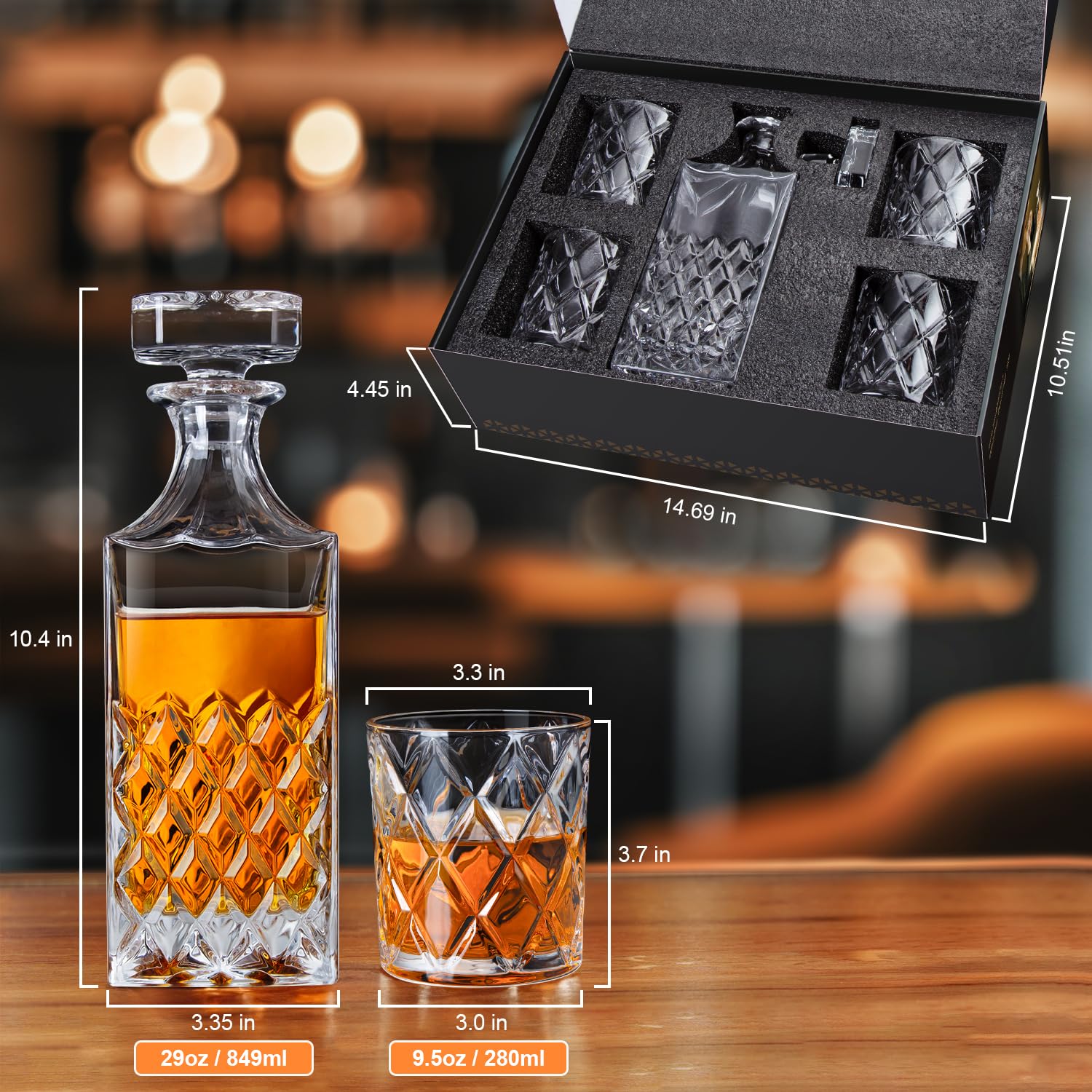 Lighten Life Whiskey Decanter Set | 849ml Bourbon Carafe with 4 Glasses