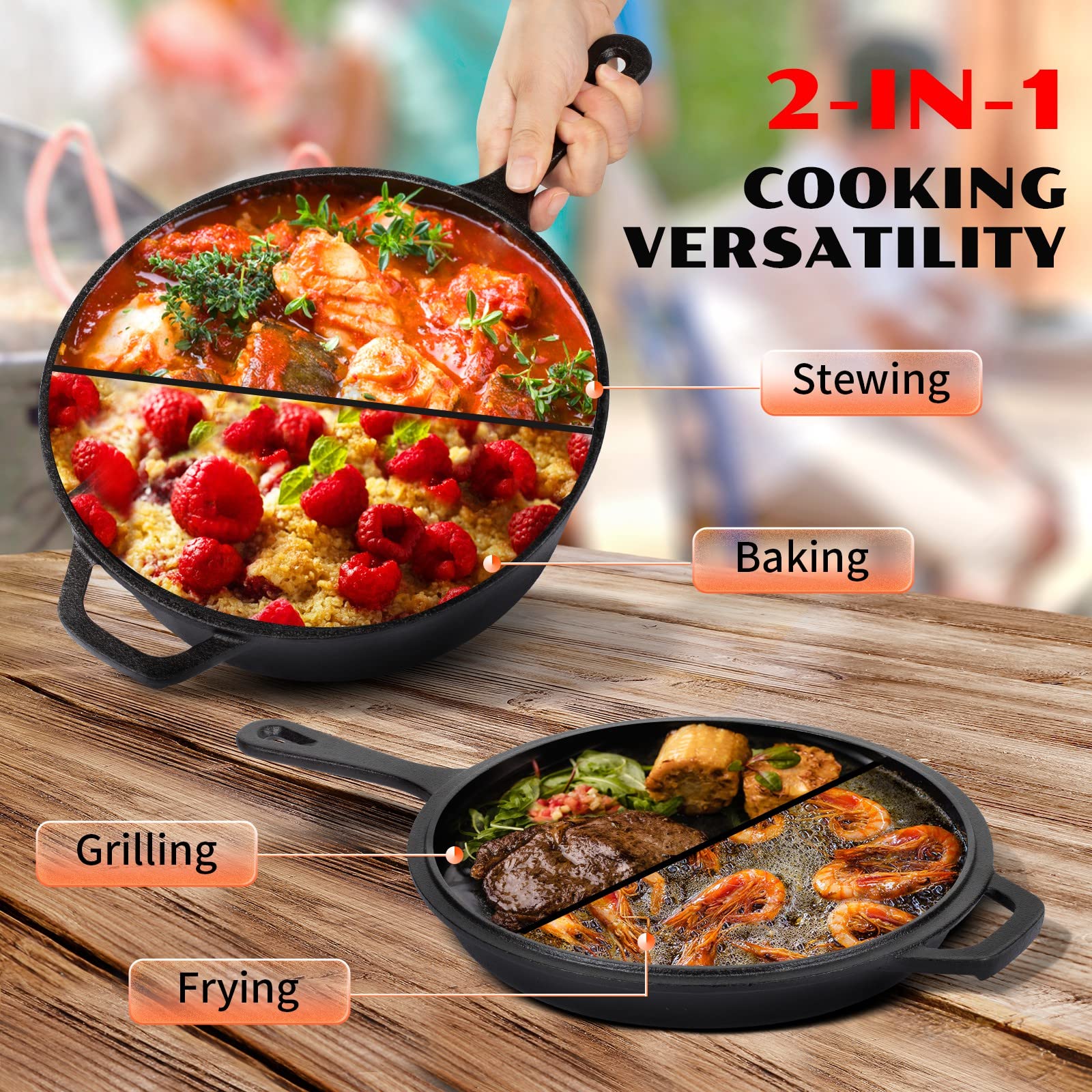 Overmont 3.2qt Cast Iron Combo Cooker – Pre-Seasoned Dutch Oven & Skillet
