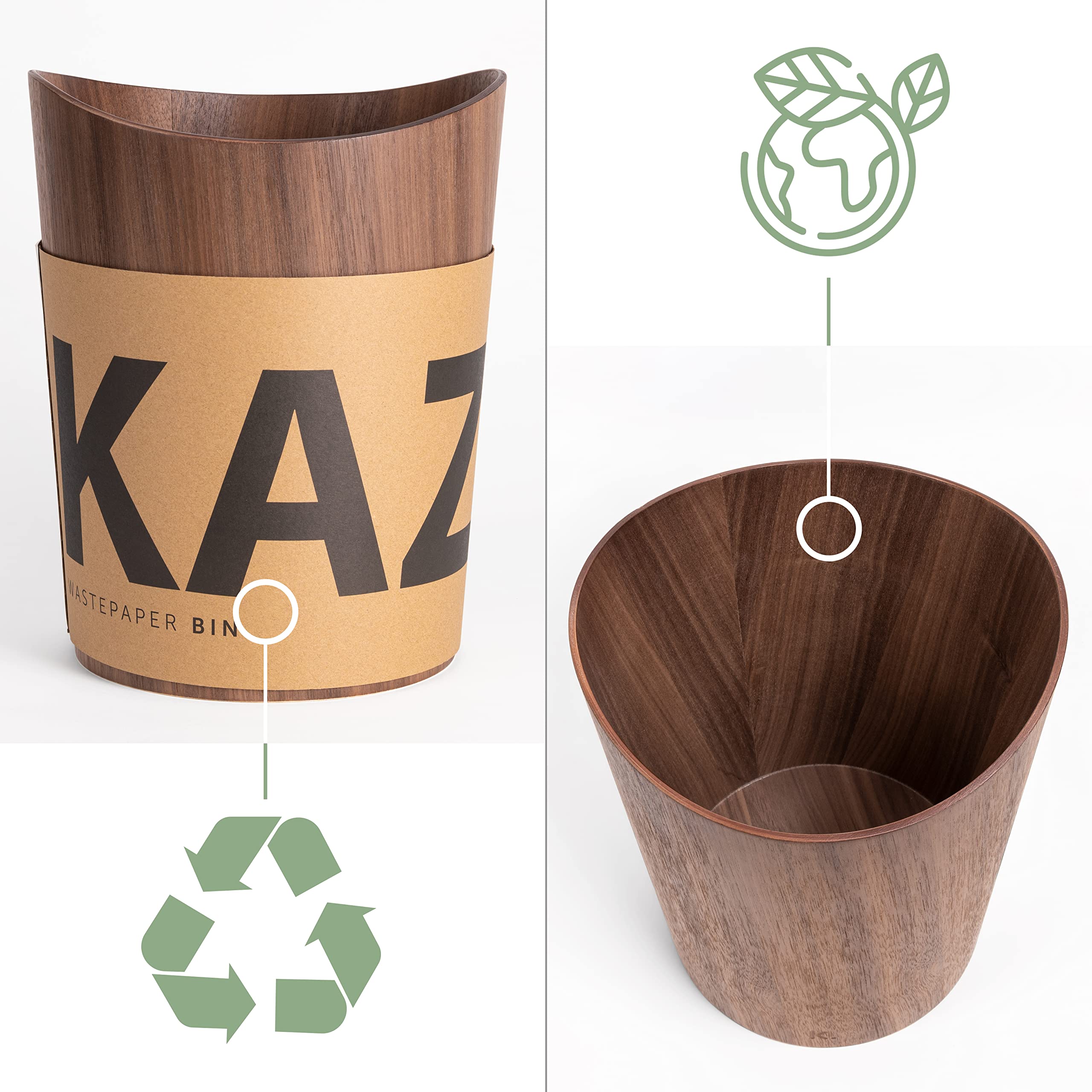 Kazai Börje Real Wood Waste Paper Bin | 9L Walnut Office Trash Can