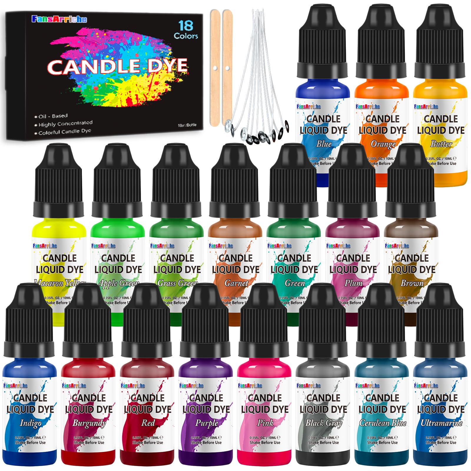 FansArriche 18 Color Liquid Candle Dye - Oil-Based Wax Dye for Candle Making