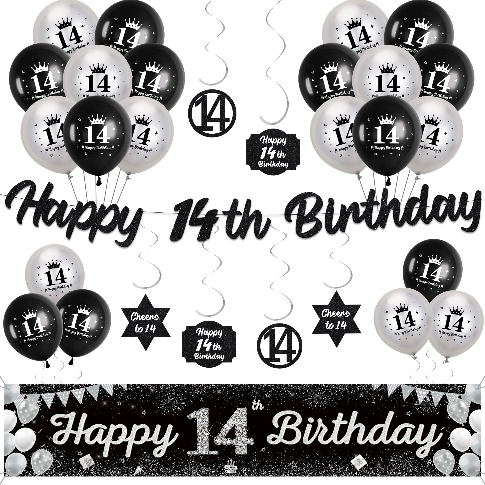 Jolof Store 16th Birthday Decorations – Black & Silver Banner and Balloon Kit