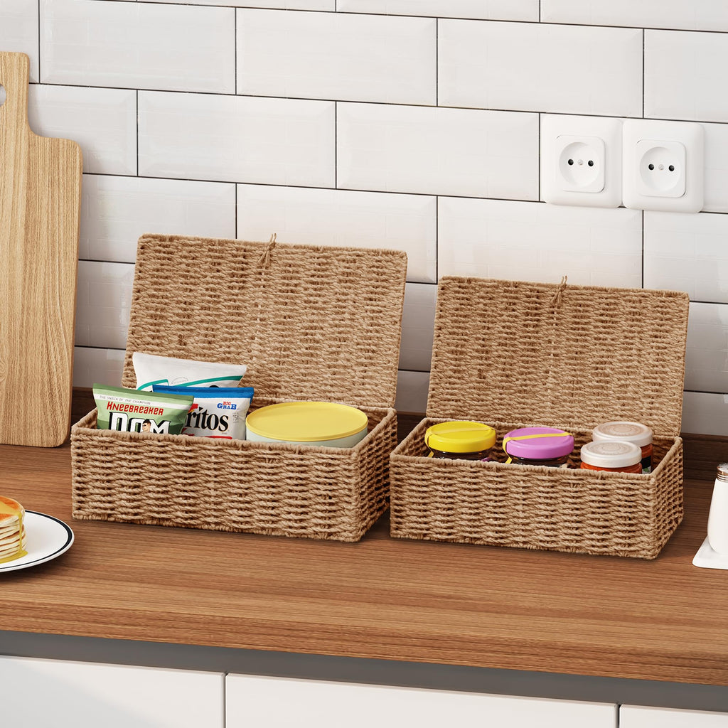 Vagusicc Storage Boxes with Lid, Handwoven Set of 2 Wicker Storage Baskets for Organizing, Nesting Storage Basket for Shelves - image 3