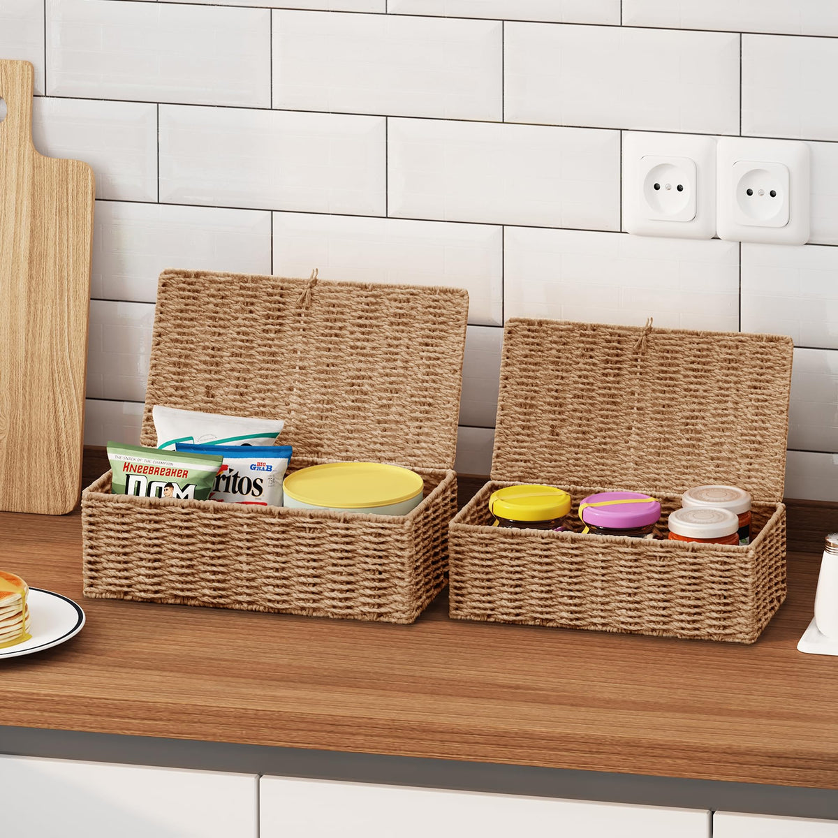 Vagusicc Storage Boxes with Lid, Handwoven Set of 2 Wicker Storage Baskets for Organizing, Nesting Storage Basket for Shelves - image 3