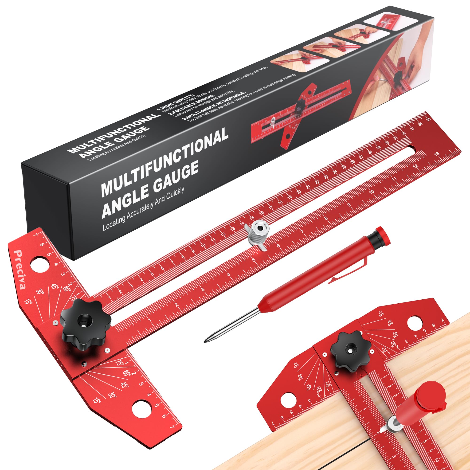 Preciva Foldable Aluminum T Square Woodworking Tool with Pencil