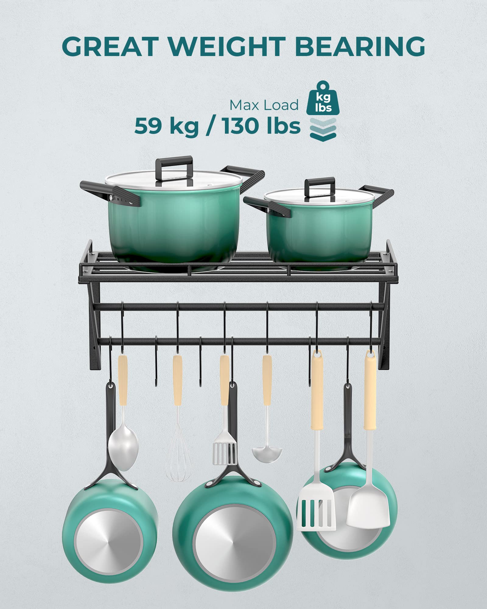 OROPY Wall Mount Pot Pan Rack | 60cm Metal Kitchen Shelf with 12 Hooks