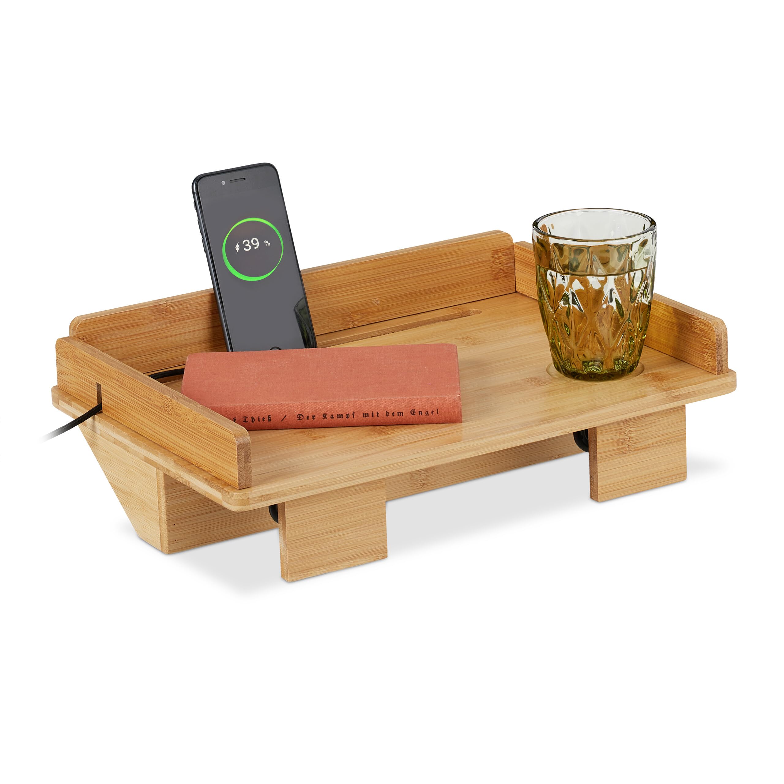 Relaxdays Bamboo Bed Tray – Clamp-on Mini Nightstand with Cable Slot