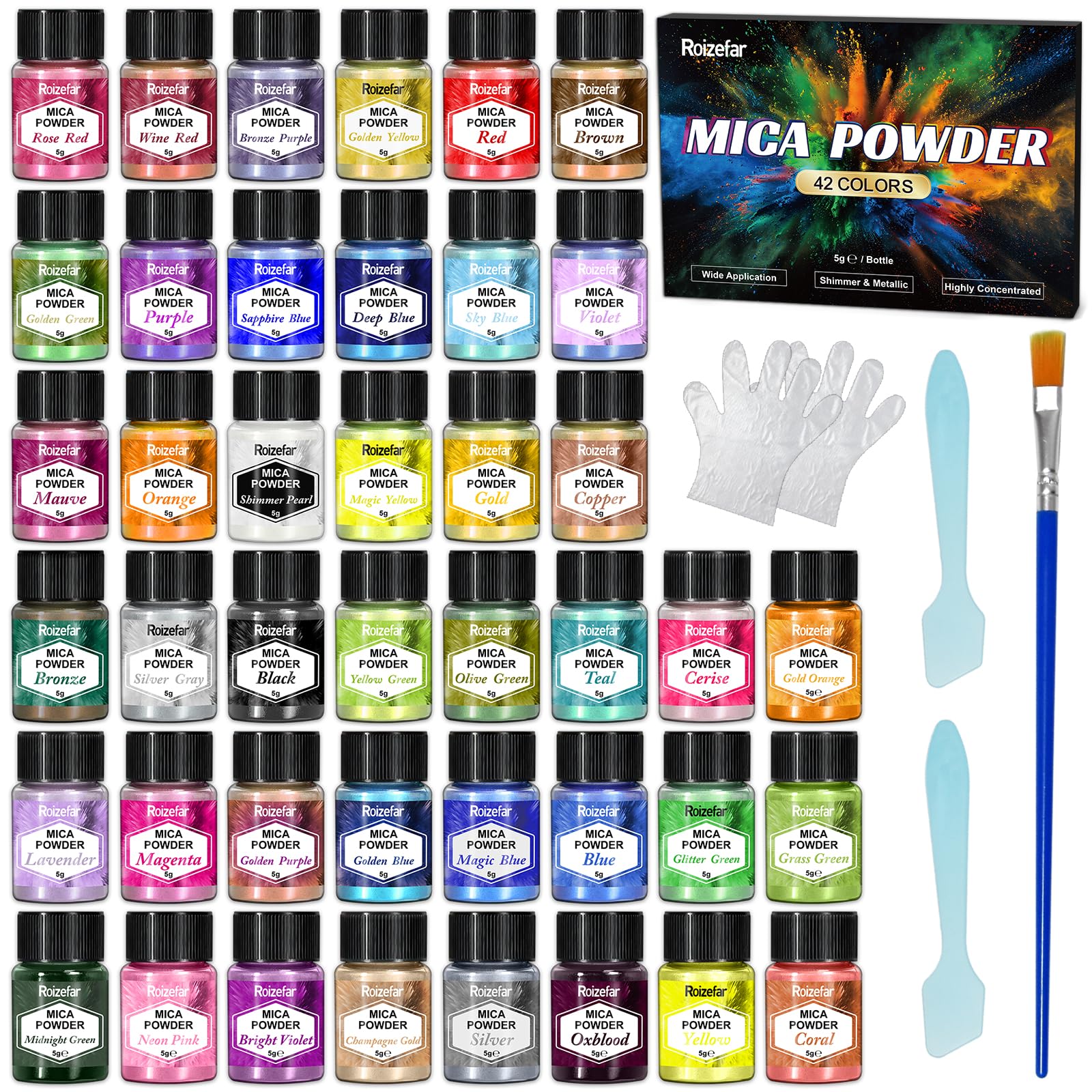 Roizefar Mica Powder – 42 Colors Pearlescent Metallic Resin Pigment Set