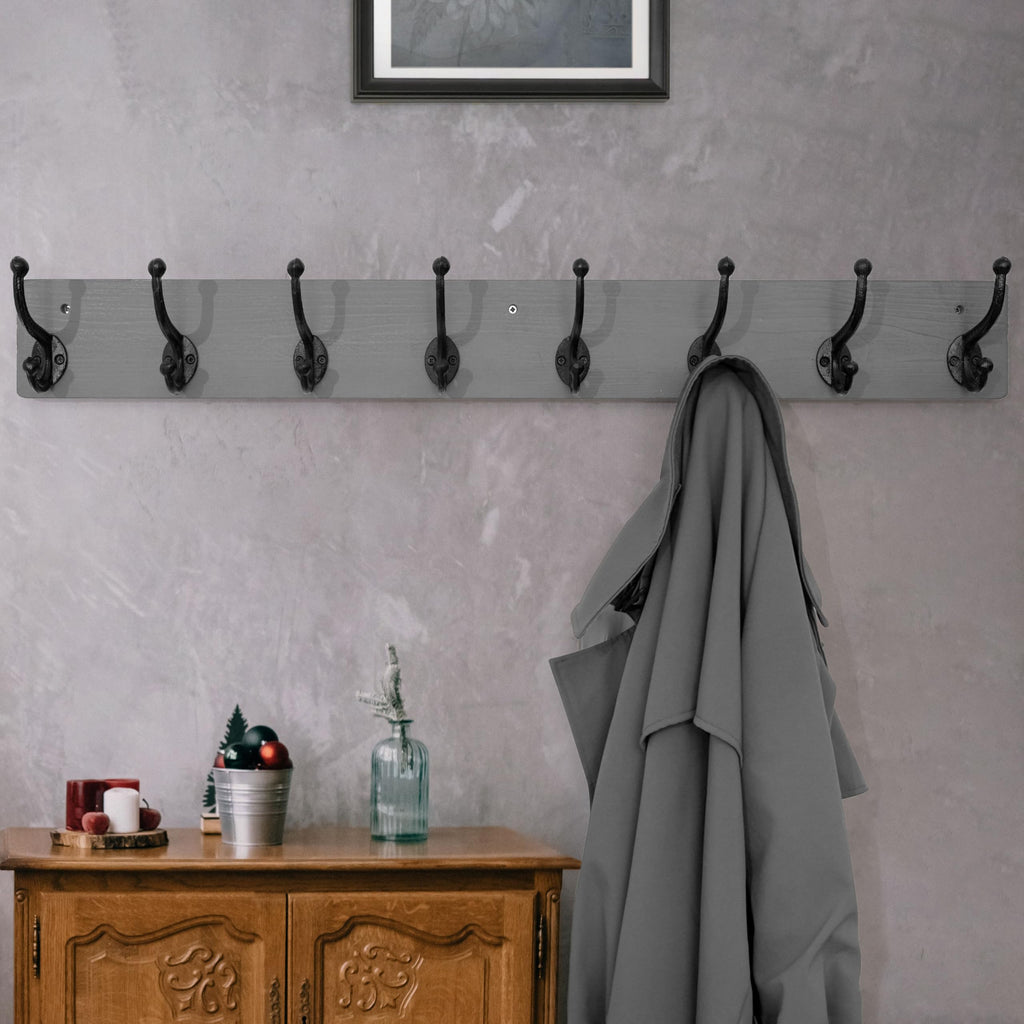 WEBI Rustic Solid Wood Wall Mount Coat Rack with 8 Cast Iron Hooks, Grey