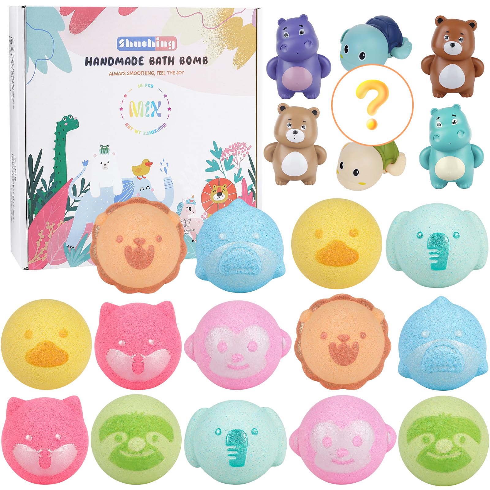 SHUCHING 14pc Animal Bath Bombs for Kids with Toys - Organic Gift Set