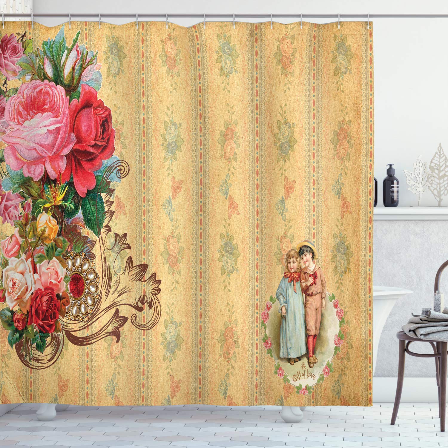 ABAKUHAUS Vintage Rose Shower Curtain | Waterproof Turkish Fabric – 175x200