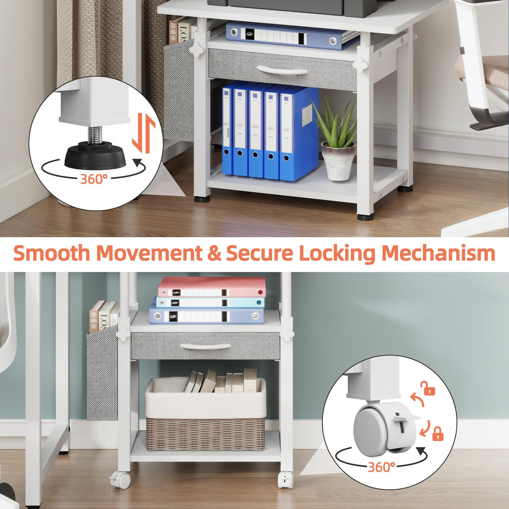 OYRREU 3 Tier Printer Stand on Wheels, Height Adjustable Mobile Table White - image 4