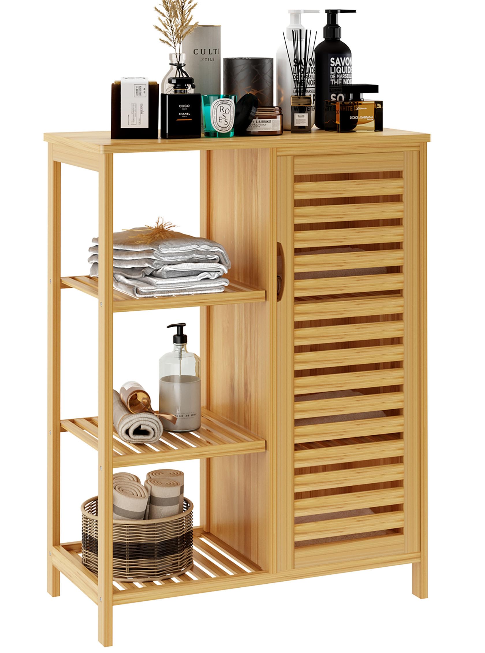 Bamboo Bathroom Storage Cabinet | 3-Tier Shutter Door Organizer