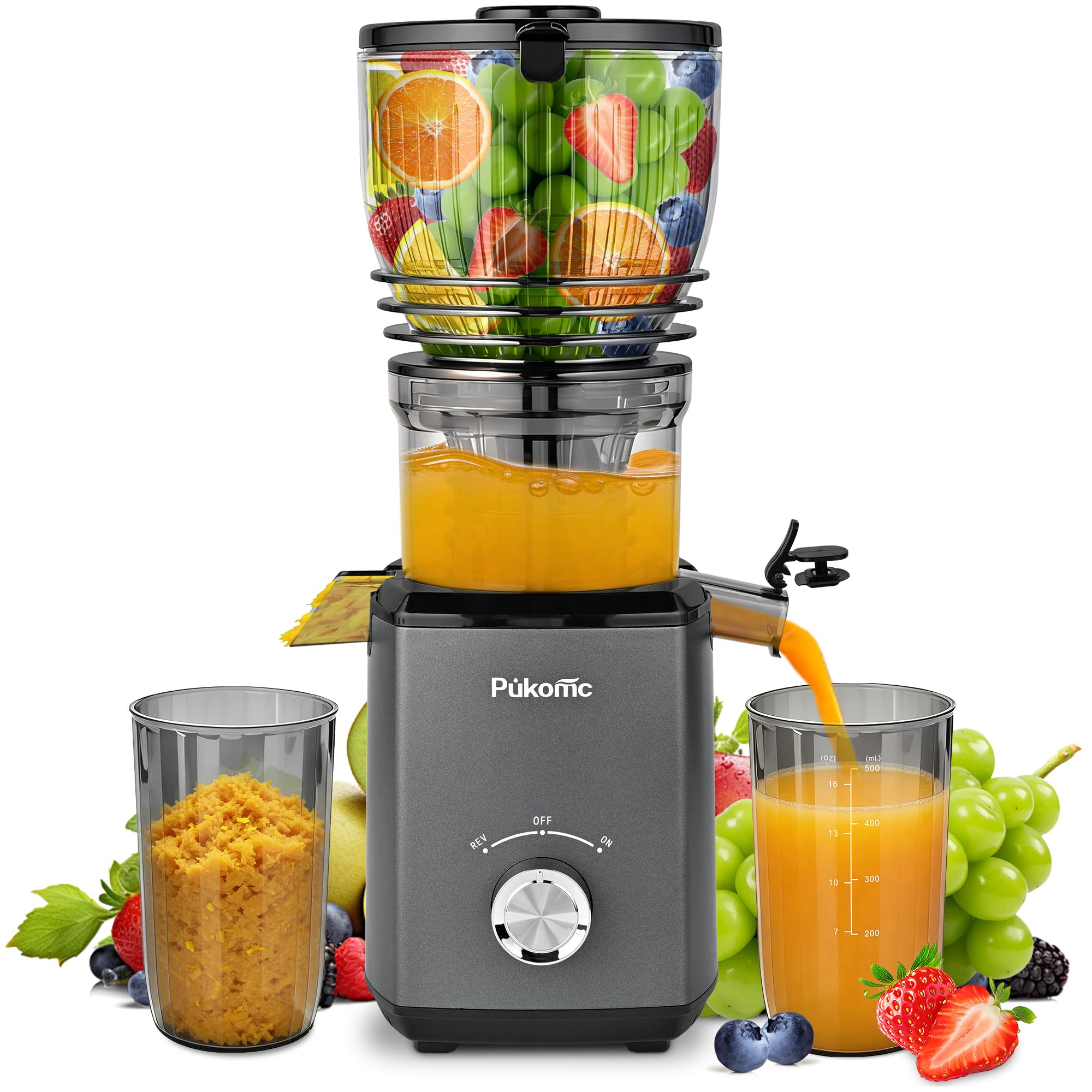 Pukomc Cold Press Juicer – 147mm Whole Fruit Slow Juicer, 1.8L Grey